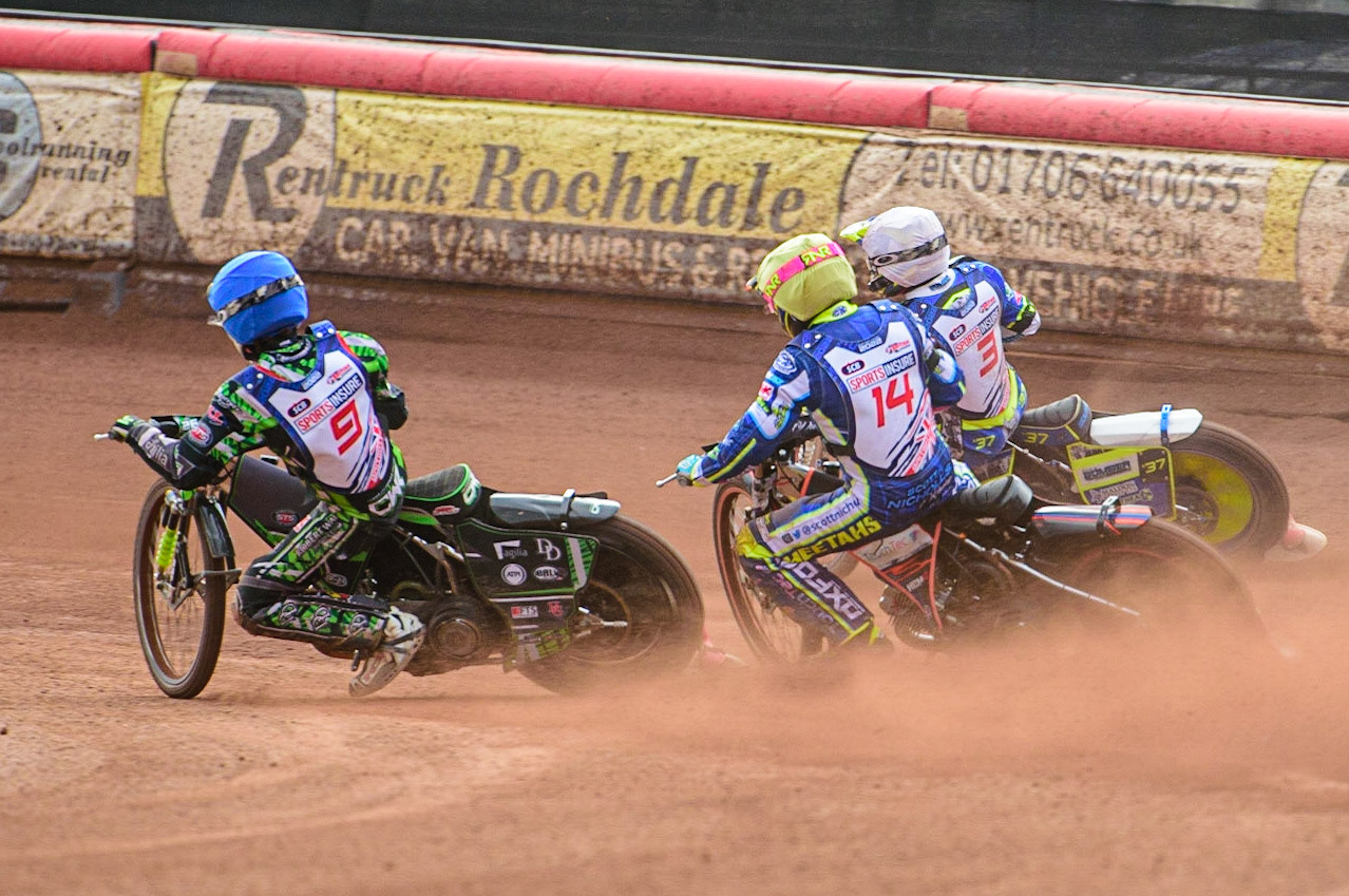 (l - r) Charles Wright  (Blue) Scott Nicholls  (Yellow) and Chris Harris  (White) go into the turn during the Sports Insure British Speedway Final, at the National Speedway Stadium, Manchester, on Sunday 18th September 2022. (Credit: Ian Charles | MI News )