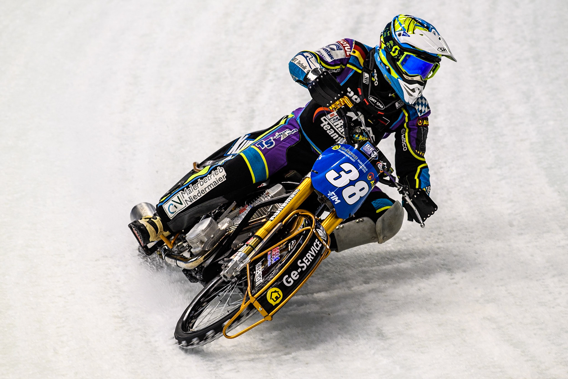 Maximilian Niedermaier (38) of Germany in action during practice for  the Ice Speedway Gladiators World Championship Finals 1 &amp; 2 at Max-Aicher-Arena, Inzell on Friday 14th March 2025. (Photo: Ian Charles | MI News)