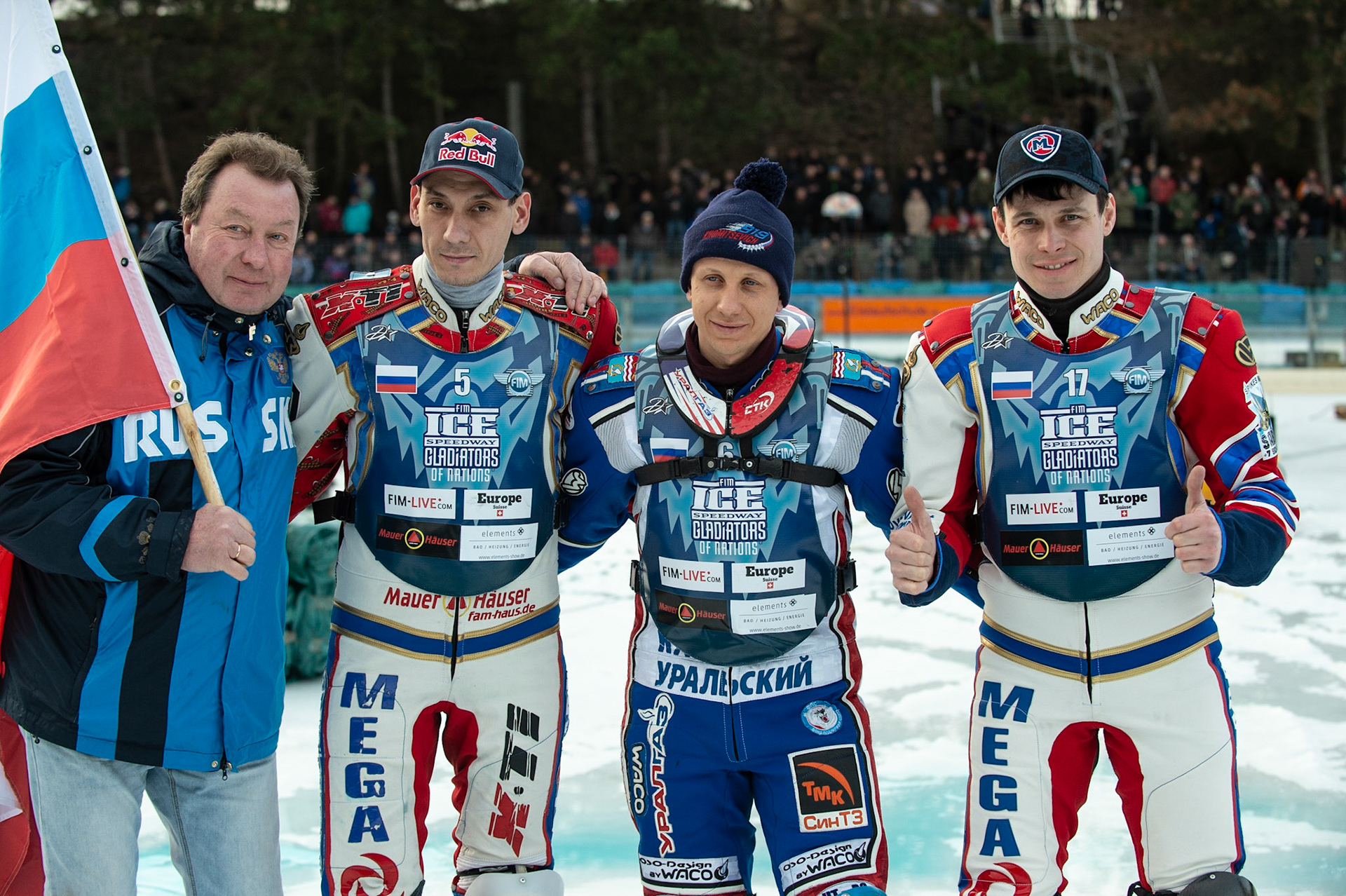 BERLIN GERMANY  - February 29  The Russian team (l-r) Igor Drepin (manager), Daniil Ivanov, Dmitri Khomitsevich and Igor Kononov  during theIce Speedway of Nations (Day 1) at the Horst-Dohm-Eisstadion, Berlin,  on Saturday 29 February 2020. (Credit: Ian Charles | MI News)
