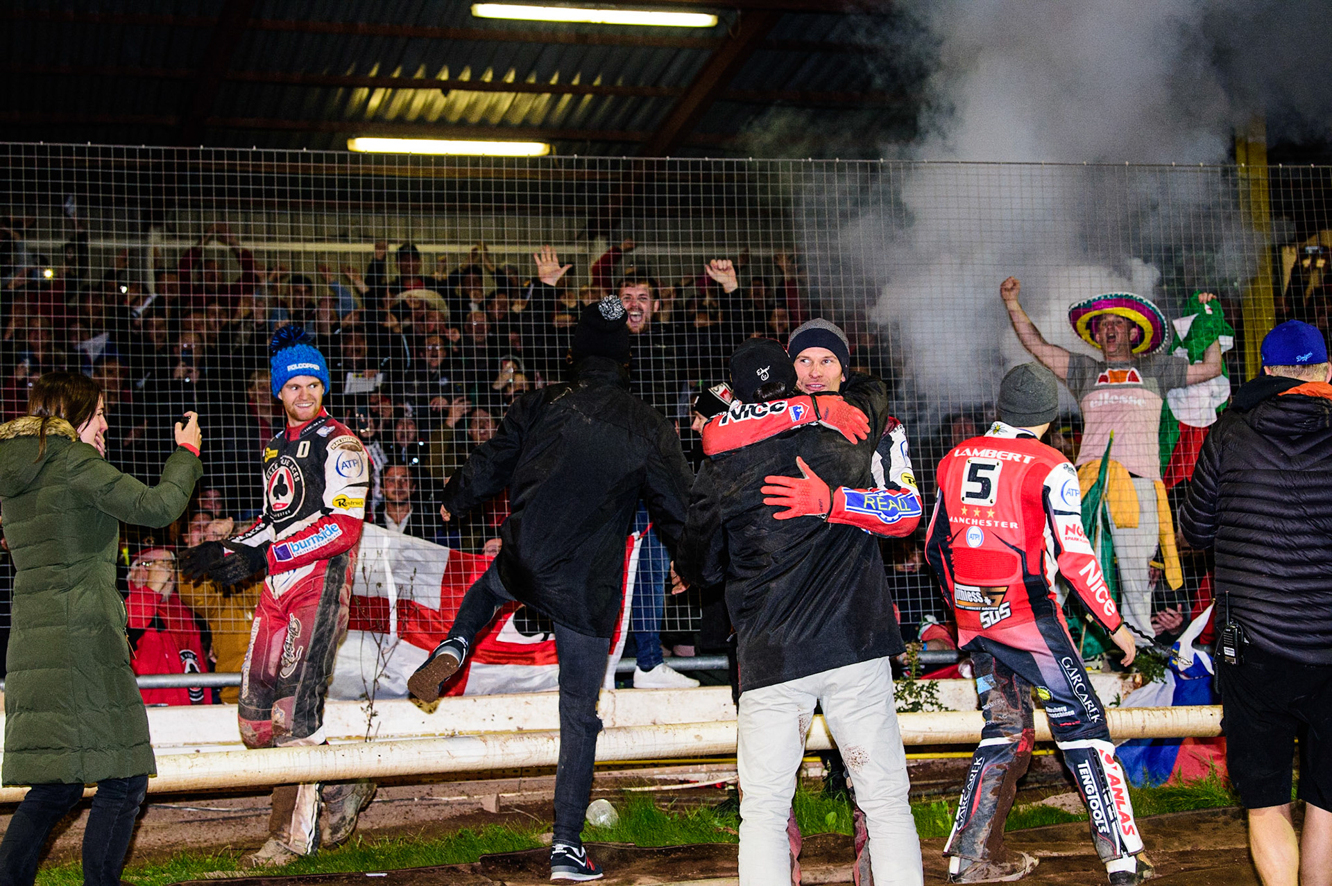 The riders celebrate with the Belle Vue Fans during the SGB Premiership Grand Final 2nd Leg between Sheffield Tigers and Belle Vue Aces at Owlerton Stadium, Sheffield on Thursday 13th October 2022. (Credit: Ian Charles | MI News)