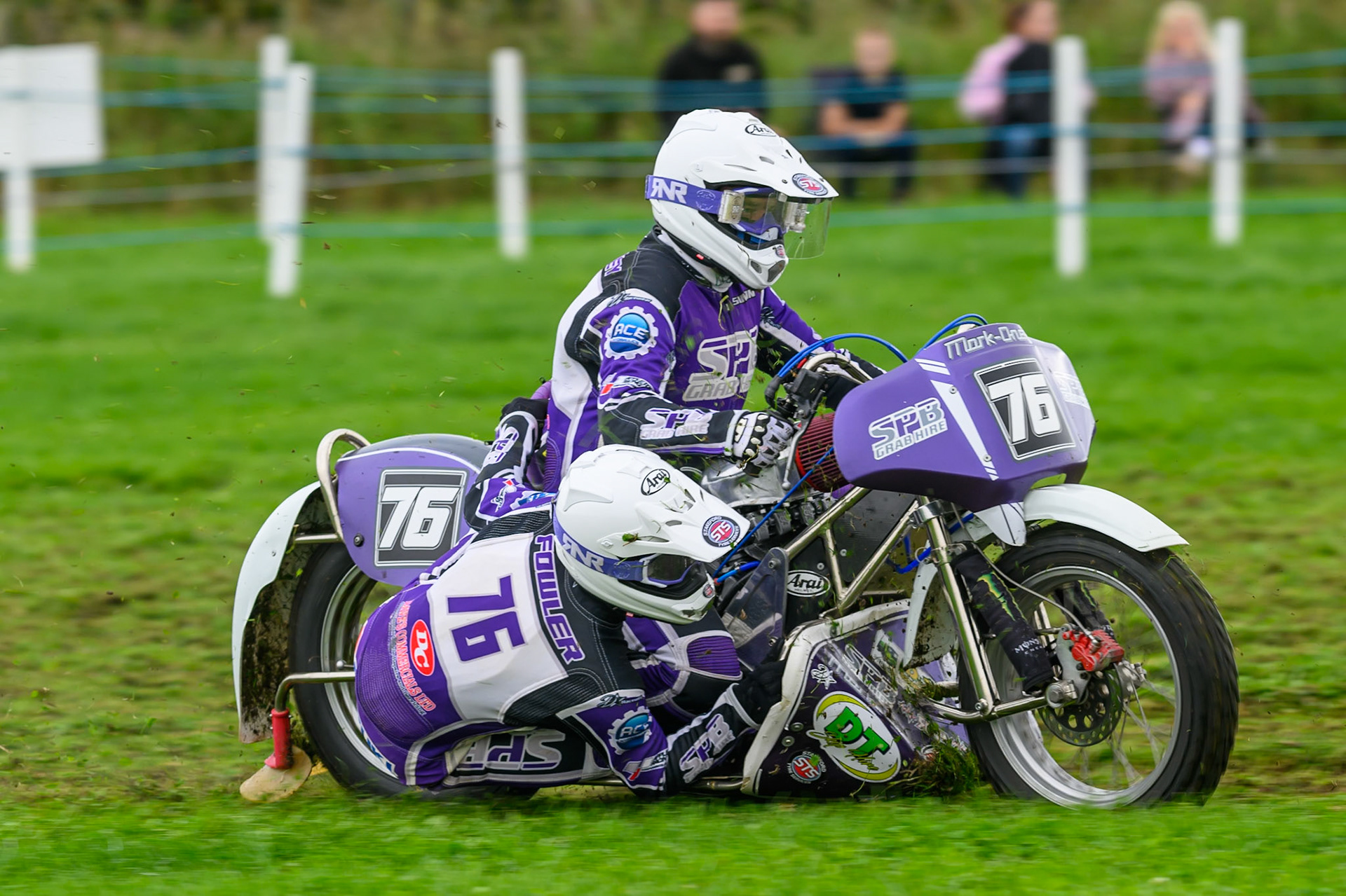 Simon Beaney/Brook Fowler (76) during practice for  the British Masters Grasstrack Championship at Lower Marsh Farm, Much Hoole, Preston in Lancashire, England on Sunday 13th September 2026. (Photo: Ian Charles | MI News)