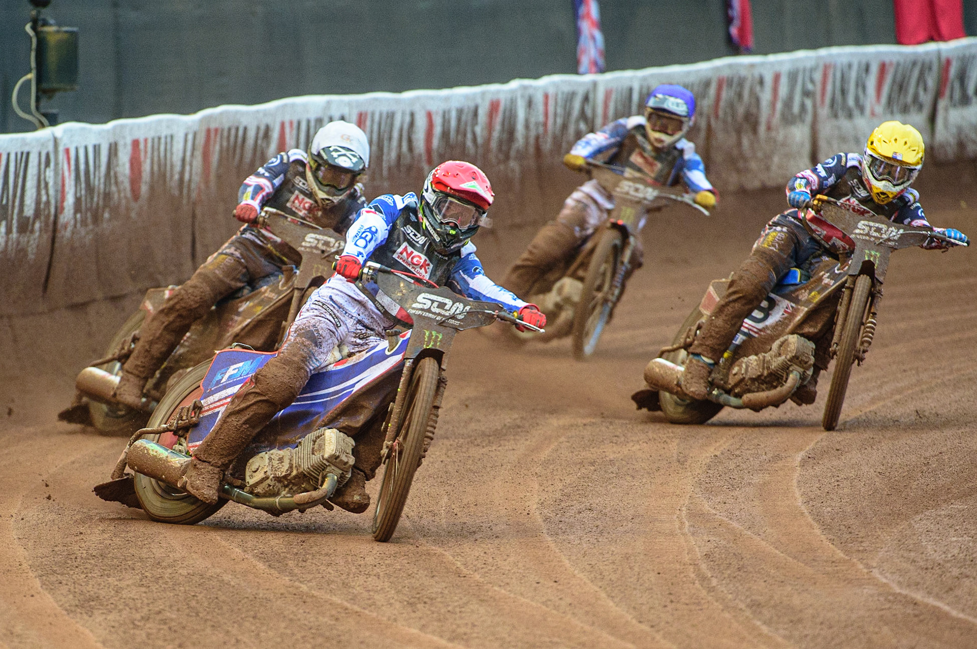 MANCHESTER, UK. OCT 17TH David Bellego of France (Red) leads Dan Bewley of Great Britain (White) Robert Lambert of Great Britain (Yellow) and Dmitri Berge of France (Blue) during the Monster Energy FIM Speedway of Nations at the National Speedway Stadium, Manchester on Sunday  17th October 2021. (Credit: Ian Charles | MI News)