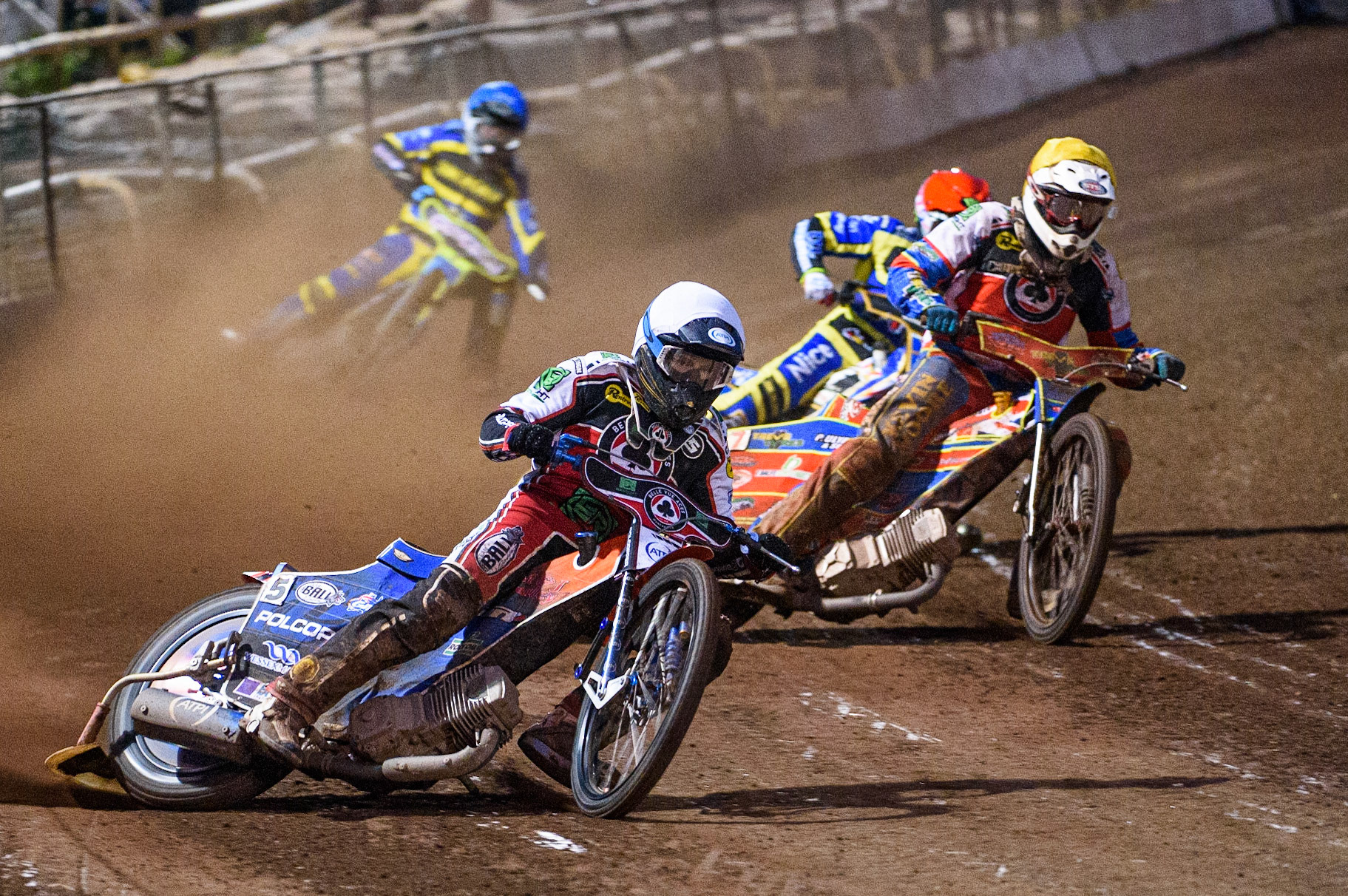 SHEFFIELD, UK. AUG 2NDBrady Kurtz  (White) leads Simon Lambert  (Yellow),Jack Holder (Red) and Troy Batchelor  (Blue) during the SGB Premiership match between Sheffield Tigers and Belle Vue Aces at Owlerton Stadium, Sheffield on Thursday 2nd September 2021. (Credit: Ian Charles | MI News)
