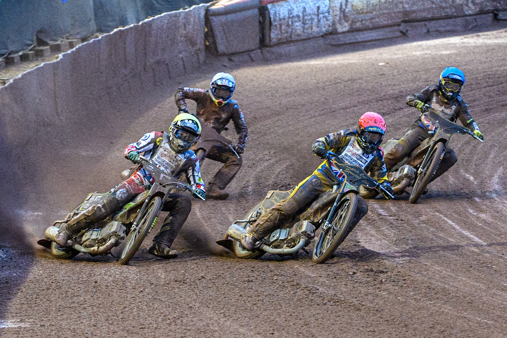 Charles Wright  (Yellow) outside Kyle Howarth (Red), with Leon Flint (White) and Tom Brennan (Blue) behind during the Sports Insure British Speedway Final at the National Speedway Stadium, Manchester on Monday 14th August 2023. (Photo: Ian Charles | MI News)