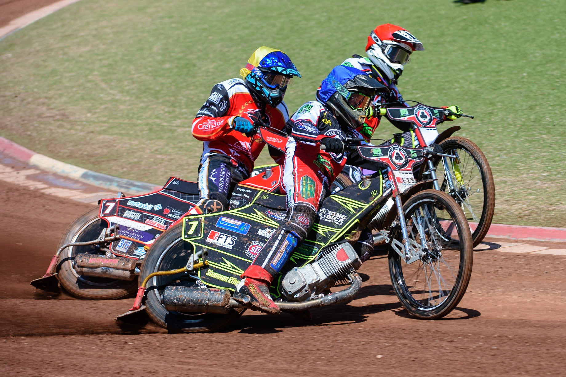 MANCHESTER, UK. MAY 31ST  Jye Etheridge  (Blue) outside Ulrich Ostergaard  (Yellow) and Tom Brennan  (Red) during the SGB Premiership match between Belle Vue Aces and Peterborough at the National Speedway Stadium, Manchester on Monday 31st May 2021. (Credit: Ian Charles | MI News)