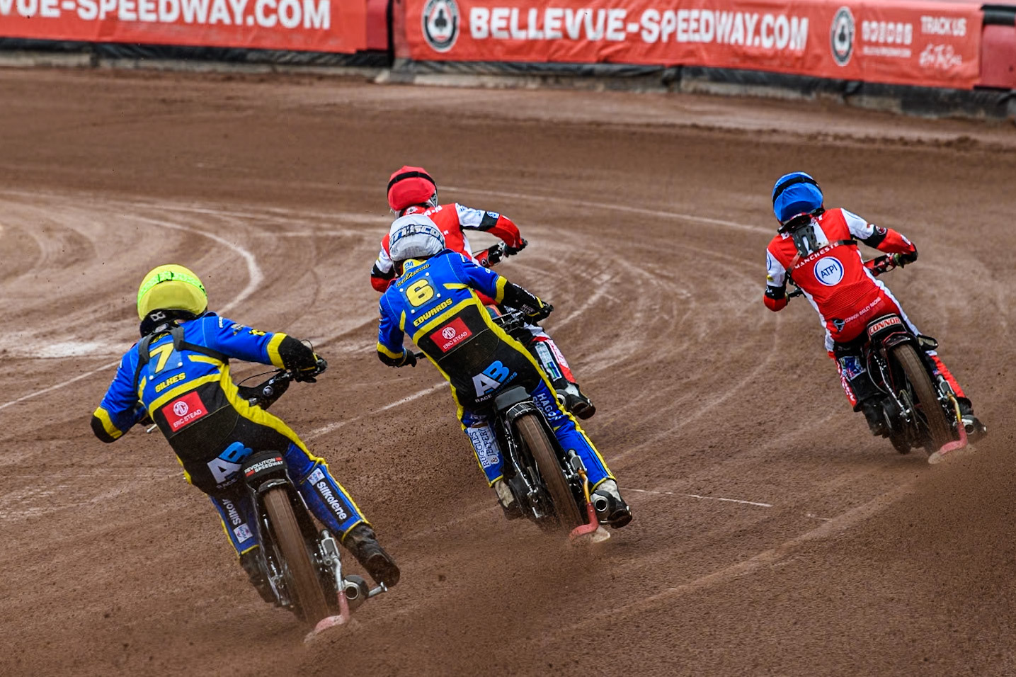 Sheffield Tigers' Dan Gilkes (Yellow) chases Sheffield Tigers' Jason Edwards (White), Belle Vue ATPI Aces Connor Bailey  (Blue) and Belle Vue ATPI Aces Brady Kurtz (Red) during the Rowe Motor Oil Premiership KO Cup Quarter Final 1st Leg between Belle Vue Aces and Sheffield Tigers at the National Speedway Stadium, Manchester on Monday 1st April 2024. (Photo: Ian Charles | MI News)
