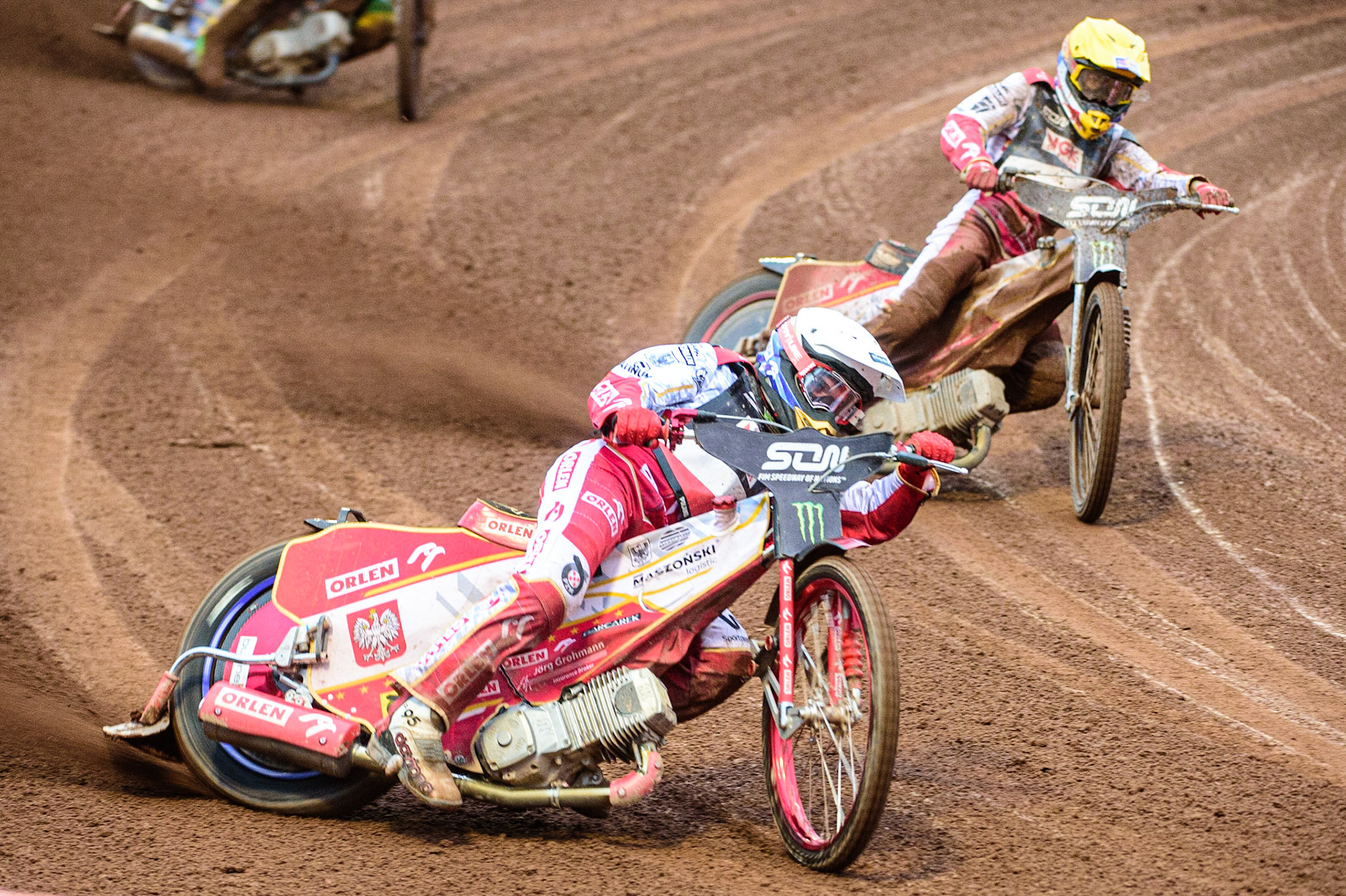 MANCHESTER, UK. OCT 17TH Bartosz Zmarzlik of Poland (White) leads team mate Maciej Janowski (Yellow) during the Monster Energy FIM Speedway of Nations at the National Speedway Stadium, Manchester on Sunday  17th October 2021. (Credit: Ian Charles | MI News)