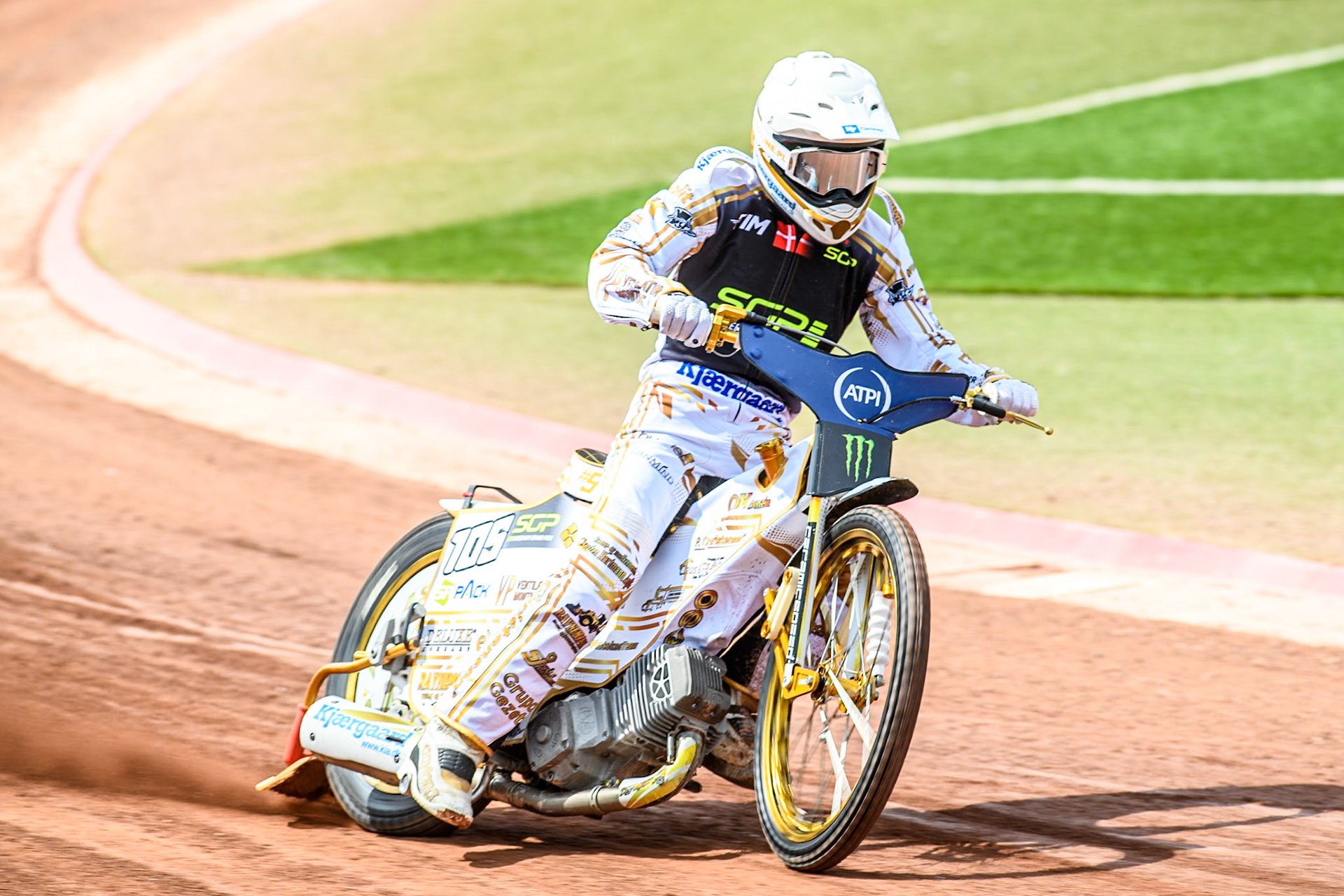Anders Thomsen (105) of Denmark in practice during the ATPI FIM Speedway Grand Prix Round 4 at the National Speedway Stadium, Manchester, on Friday 6th June 2025. (Photo: Ian Charles | MI News)