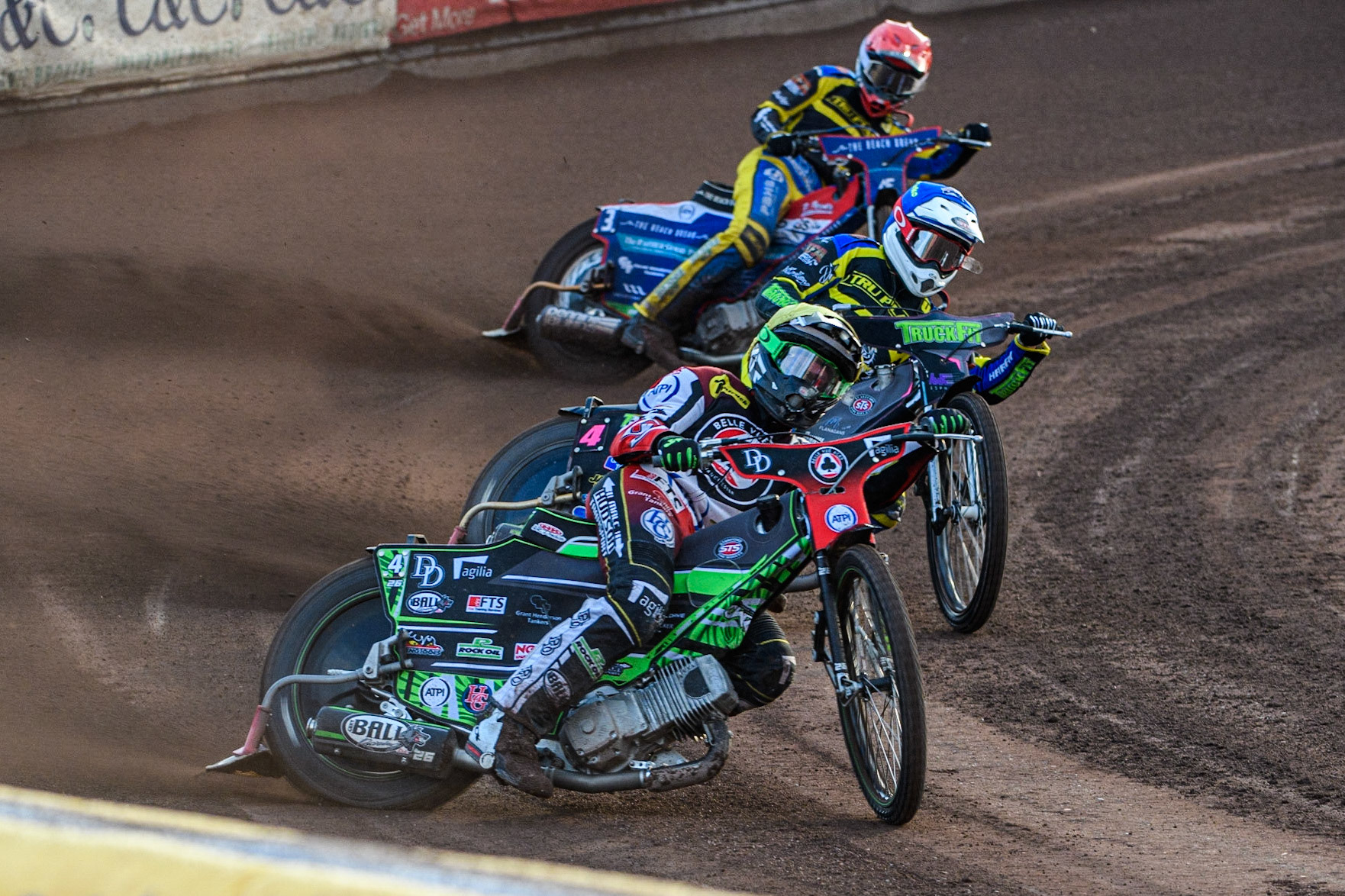 Charles Wright (Yellow) leads Josh Pickering (Blue) and Adam Ellis (Red) during the Sports Insure Premiership match between Sheffield Tigers and Belle Vue Aces at Owlerton Stadium, Sheffield on Thursday 20th July 2023. (Photo: Ian Charles | MI News)