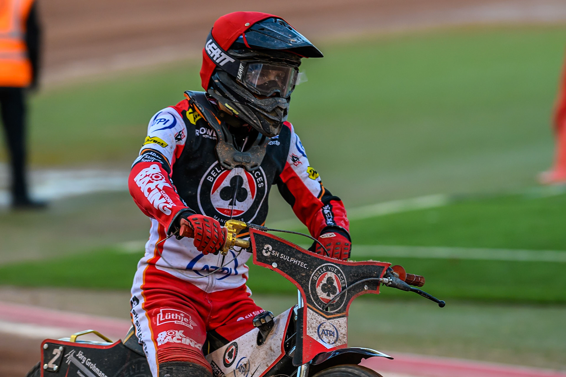 Norick Blödorn of Belle Vue Aces  after winning heat 8 during the Rowe Motor Oil Premiership match between Belle Vue Aces and Ipswich Witches at the National Speedway Stadium, Manchester on Monday 4th August 2025. (Photo: Ian Charles | MI News)