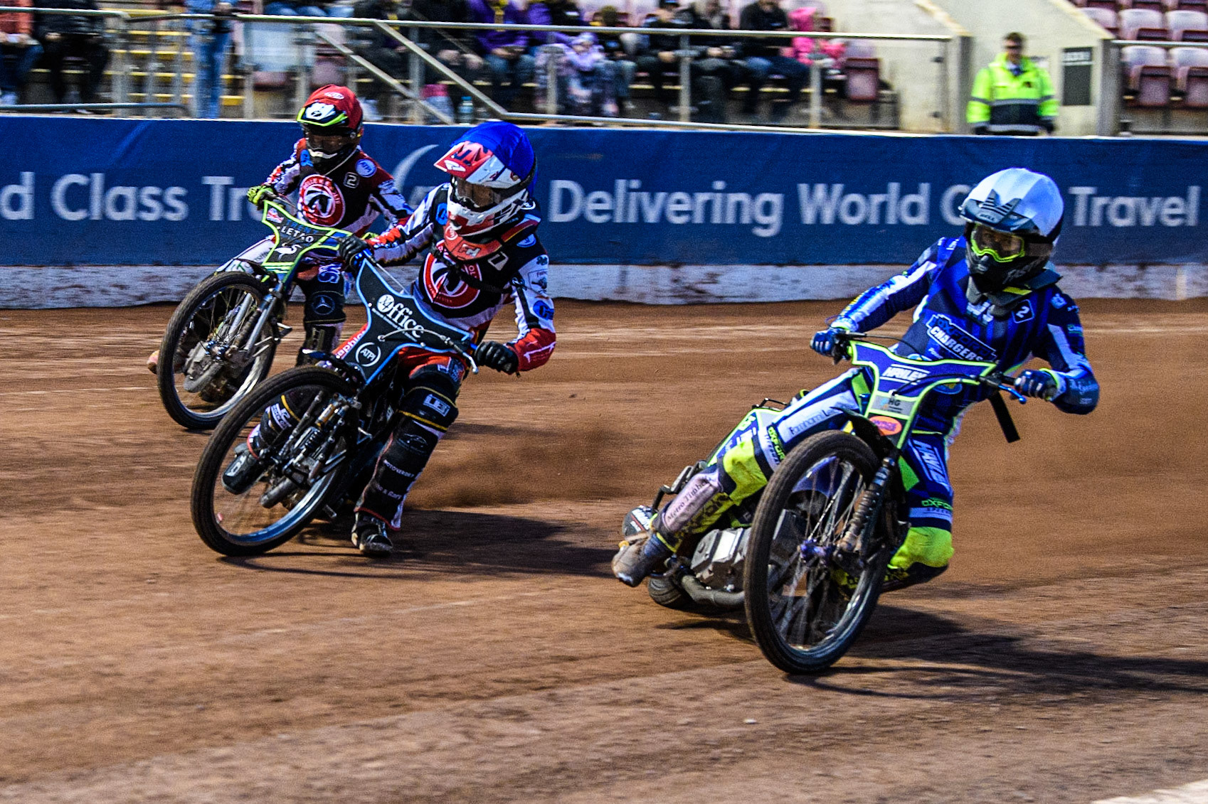 Jacob Clouting  (White) inside Freddy Hodder  (Blue) and Luke Muff  (Red) during the National Development League match between Belle Vue Colts and Oxford Chargers at the National Speedway Stadium, Manchester on Friday 12th May 2023. (Photo: Ian Charles | MI News)