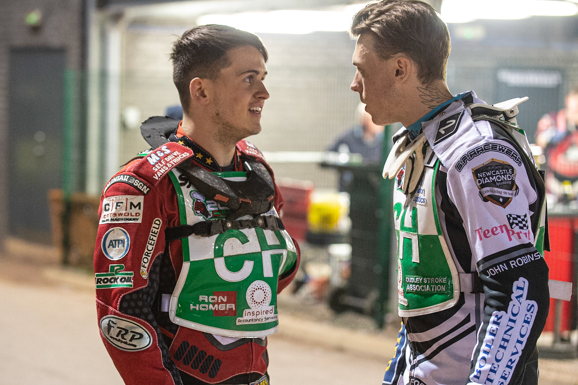 Photo: Ian Charles

Jack Smith   (left) chats with Max Clegg 

Belle Vue Colts v Cradley Heathens, SGB National League KO Cup Semi Final 2nd Leg, Belle Vue National Speedway Stadium, Manchester, Wednesday 18  September  2019