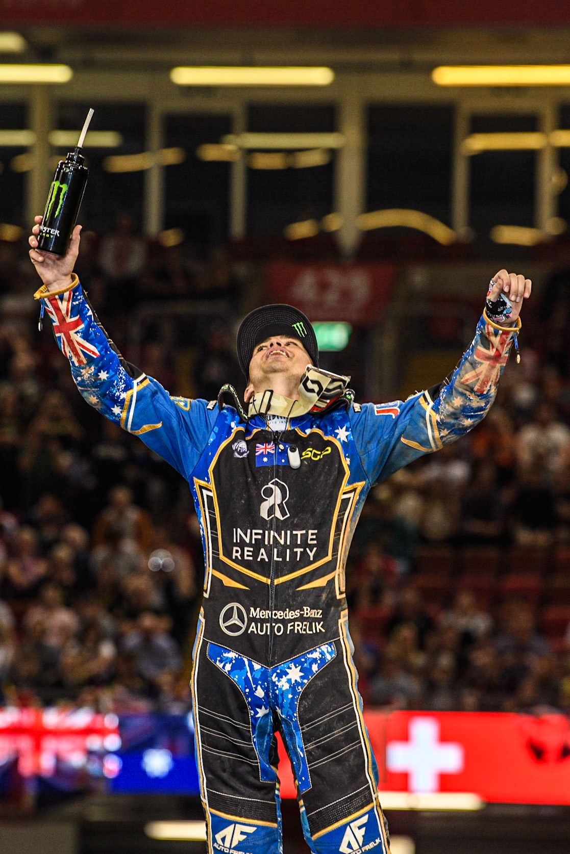 Jack Holder (25) celebrates his second place, after riding with his left wrist strapped up following his crash in the last GP during the FIM Speedway Grand Prix of Great Britain at the Principality Stadium, Cardiff on Saturday 2nd September 2023. (Photo: Ian Charles | MI News)