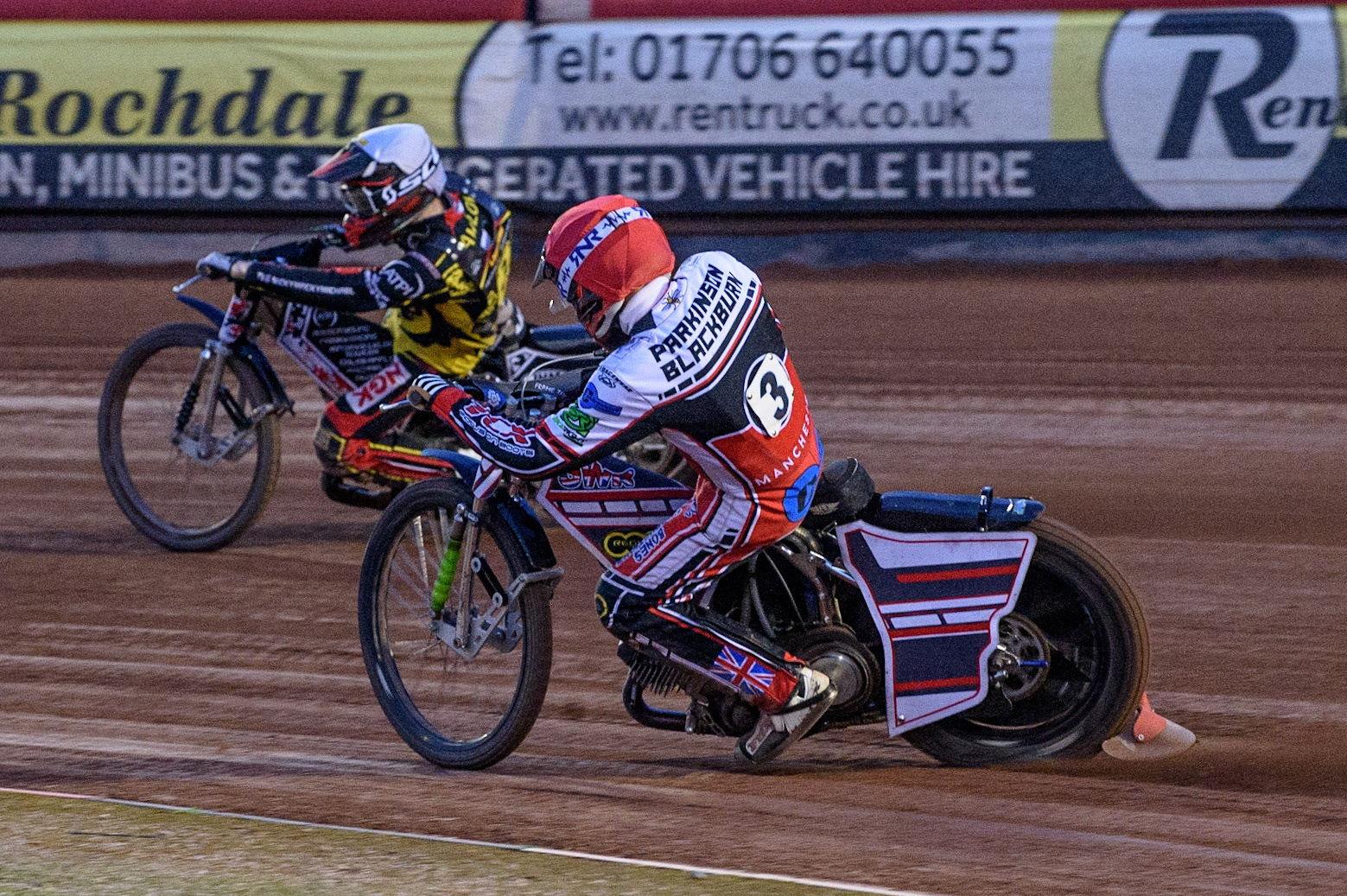 MANCHESTER, UK. JULY 29TH  Jack Parkinson-Blackburn  (Red) chases Joe Lawlor  (White)  during the National Development League match between Belle Vue Colts and Leicester Lion Cubs at the National Speedway Stadium, Manchester on Thursday 29th July 2021. (Credit: Ian Charles | MI News)