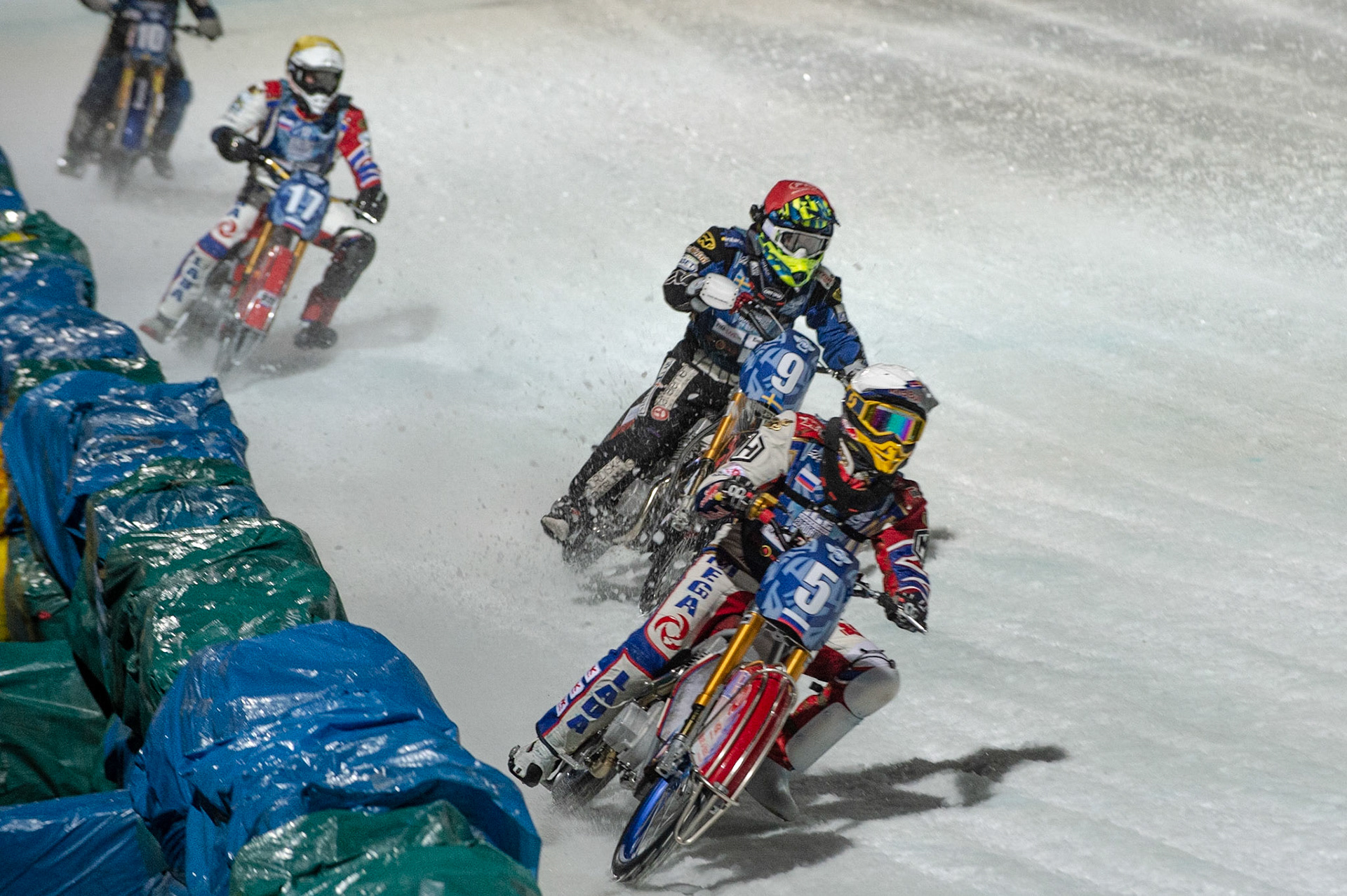 BERLIN GERMANY  - February 29  Daniil Ivanov (White) leads Martin Haarahiltunen (Red) and Igor Kononov (Yellow)  during theIce Speedway of Nations (Day 1) at the Horst-Dohm-Eisstadion, Berlin,  on Saturday 29 February 2020. (Credit: Ian Charles | MI News)