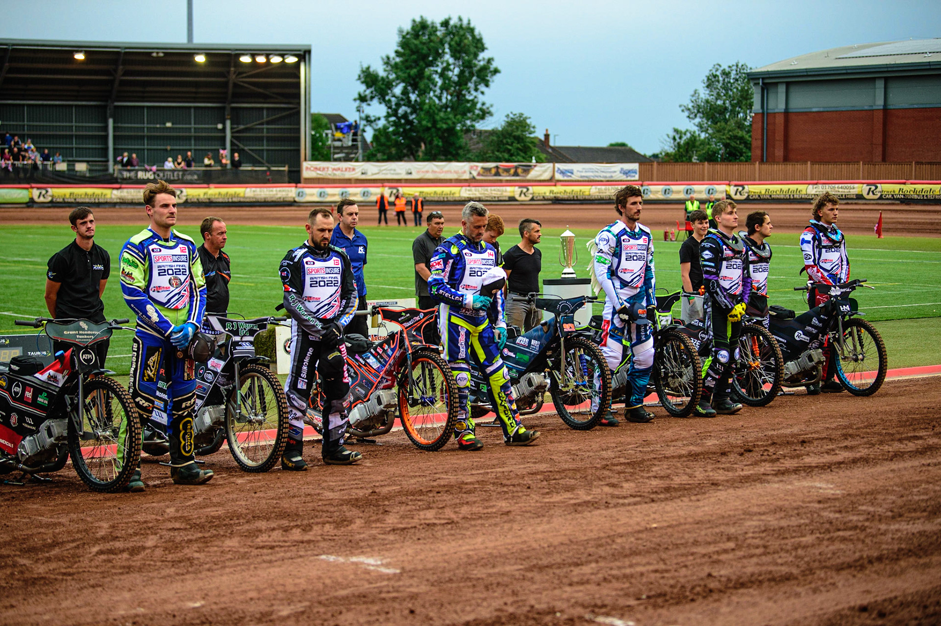 Some of the riders on parade during the Sports Insure British Speedway Championship Final at the National Speedway Stadium, Bellevue, Manchester, England on Monday 1st August 2022. (Photo by: Ian Charles | MI News)