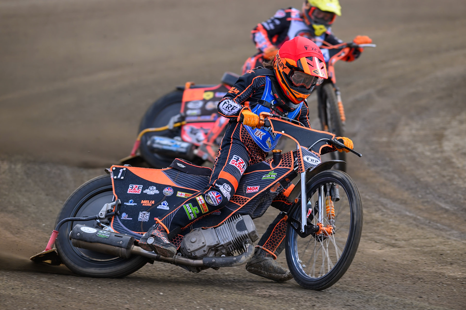 Jack Smith of Buxton Bulls in Red leading Alex Spooner of Middlesborough Tigers in Yellow during the WSRA National Development League match  between Buxton Bulls and Middlesborough Tigers at Hi-Edge Speedway, Buxton on Sunday 16th August 2026. (Photo: Ian Charles | MI News)