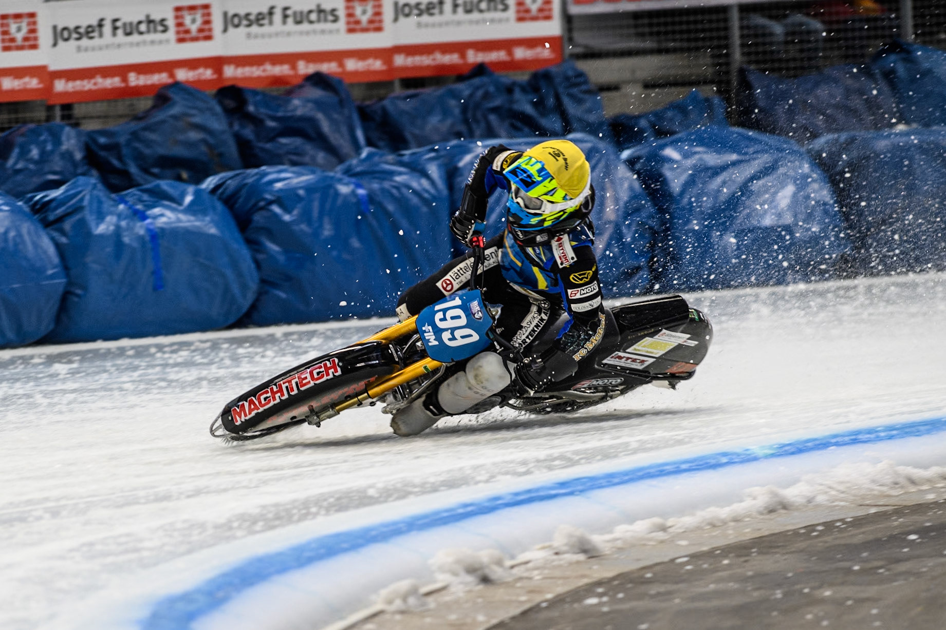 Sweden's Martin Haarahiltunen (199)  gets into difficulty and manages to correct it during the FIM Ice Speedway Gladiators World Championship Final 2 at the Max-Aicher-Arena, Inzell on Sunday 24 March 2024. (Photo: Ian Charles | MI News)