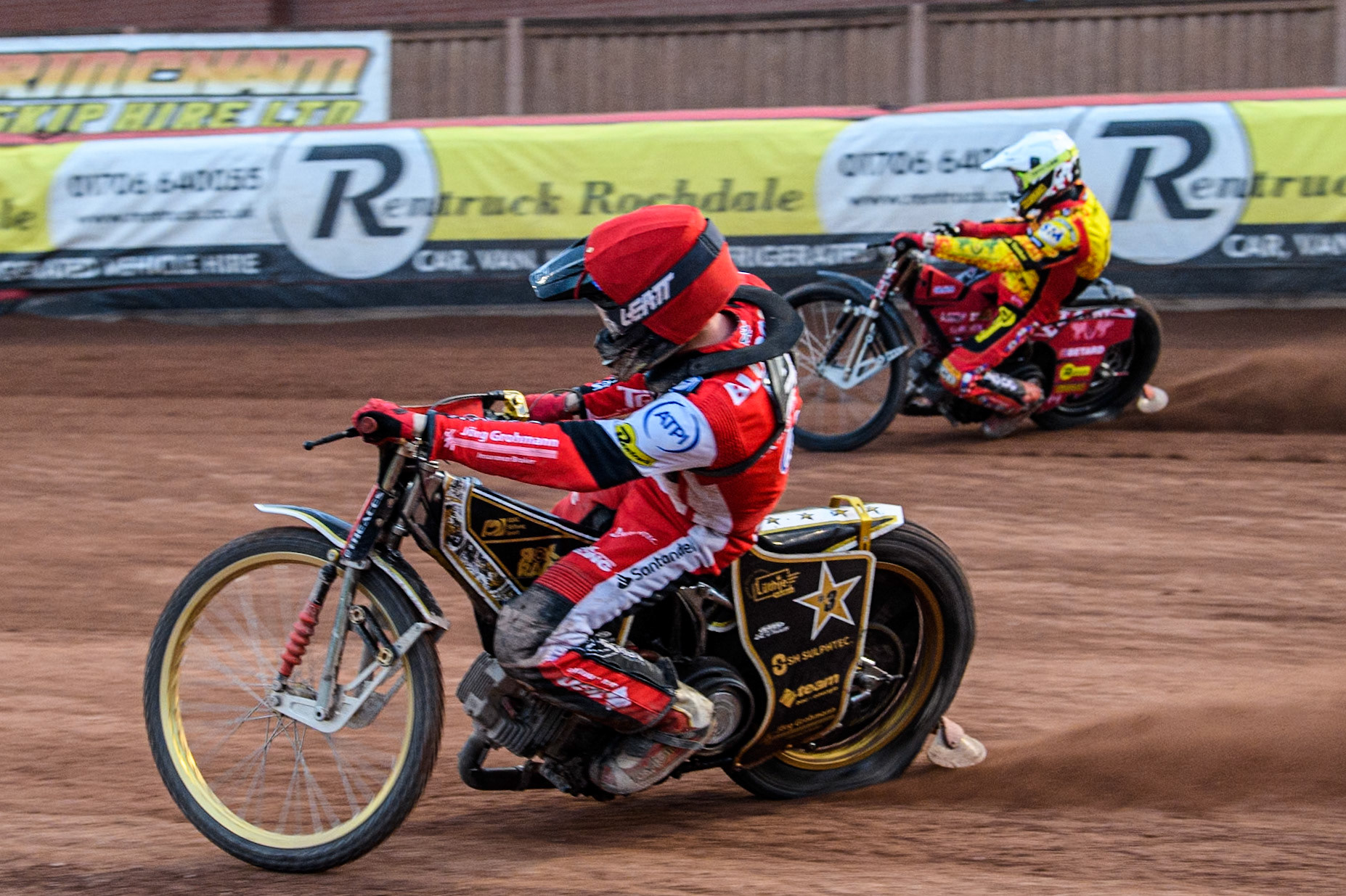 Belle Vue Aces' Norick Blodorn in Red rides inside Leicester Lions' Max Fricke in White during the Rowe Motor Oil Premiership match between Belle Vue Aces and Leicester Lions at the National Speedway Stadium, Manchester on Monday 24th June 2024. (Photo: Ian Charles | MI News)
