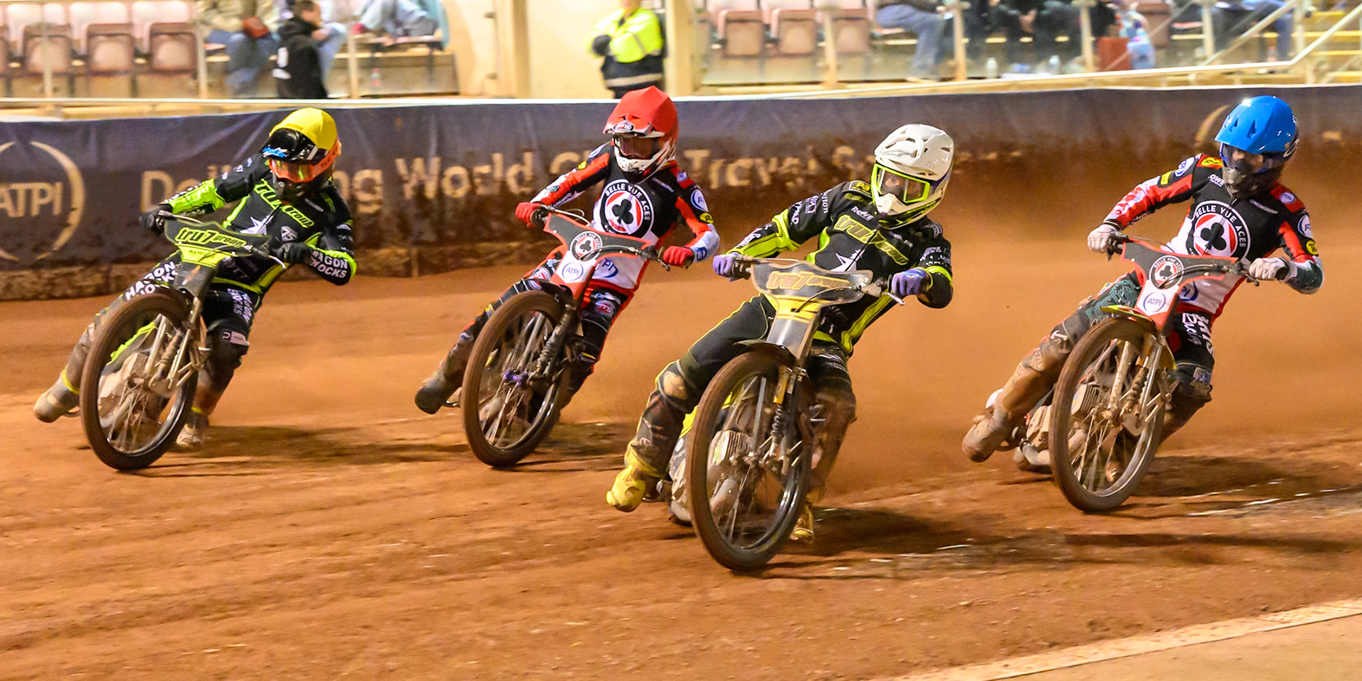Tom Brennan of Ipswich Witches in White leading Jason Edwards of Ipswich Witches  in Yellow Zach Cook of Belle Vue Aces  in Red and Tate Zischke of Belle Vue Aces  in Blue during the Rowe Motor Oil Premiership match between Belle Vue Aces and Ipswich Witches at the National Speedway Stadium, Manchester on Monday 20th April 2026. (Photo: Ian Charles | MI News)