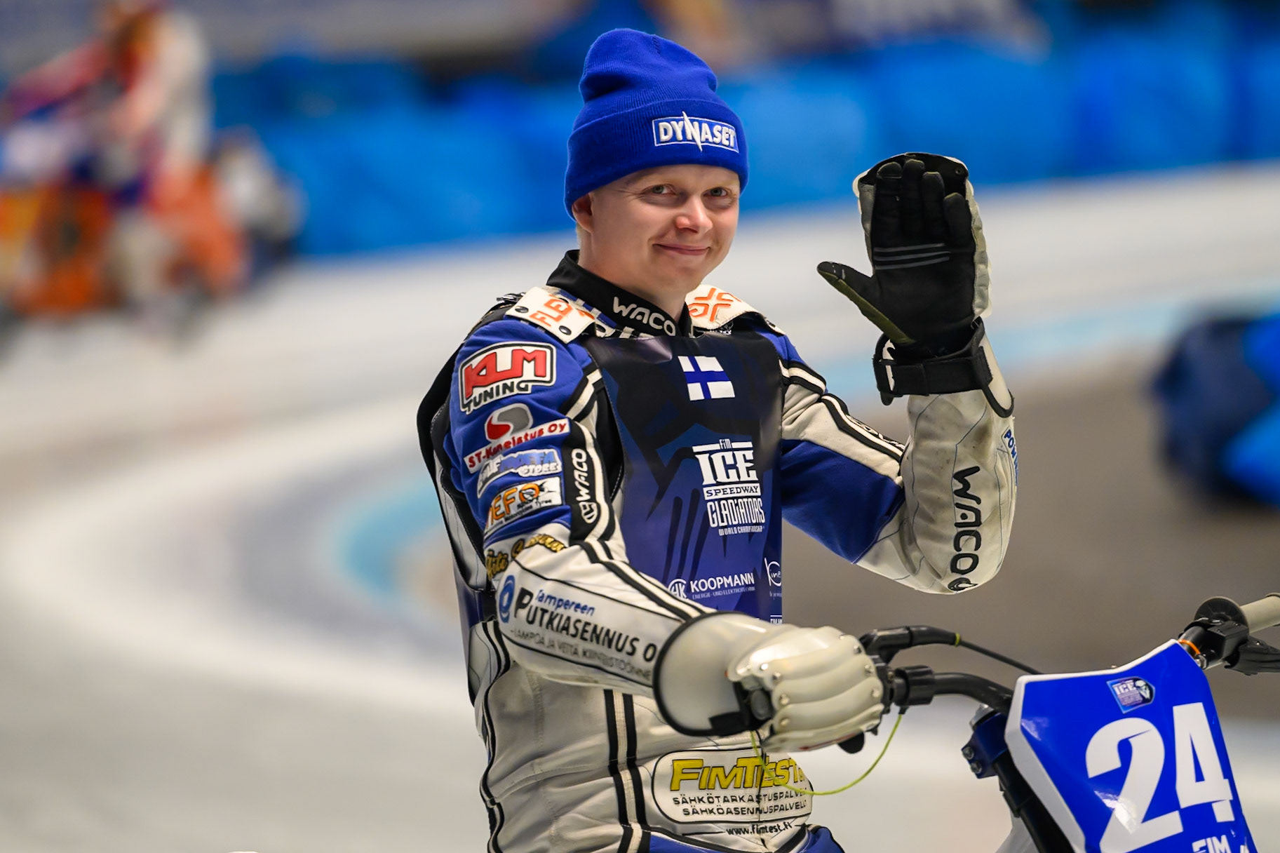 Max Koivula (24) of Finland  on the parade lap during the Ice Speedway Gladiators World Championship Final 1 at Max-Aicher-Arena, Inzell on Saturday 14th March 2026. (Photo: Ian Charles | MI News)