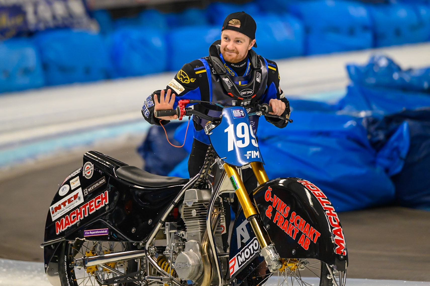 Martin Haarahiltunen (199) of Sweden  stalls his bike on the parade lap and starts to push it during the Ice Speedway Gladiators World Championship Final 1 at Max-Aicher-Arena, Inzell on Saturday 14th March 2026. (Photo: Ian Charles | MI News)