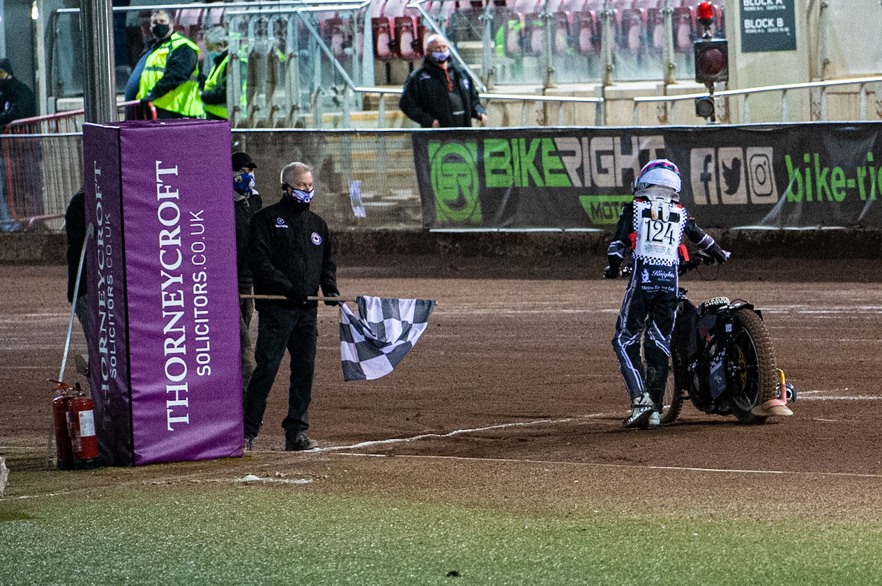 Photo: Ian CharlesVinnie Foord suffered an engine failure on the final turn so pushed his bike home for the 3rd place point (500cc B Class) British Youth Speedway Championship (Round 5), National Speedway Stadium, Manchester Saturday  10  October  2020
