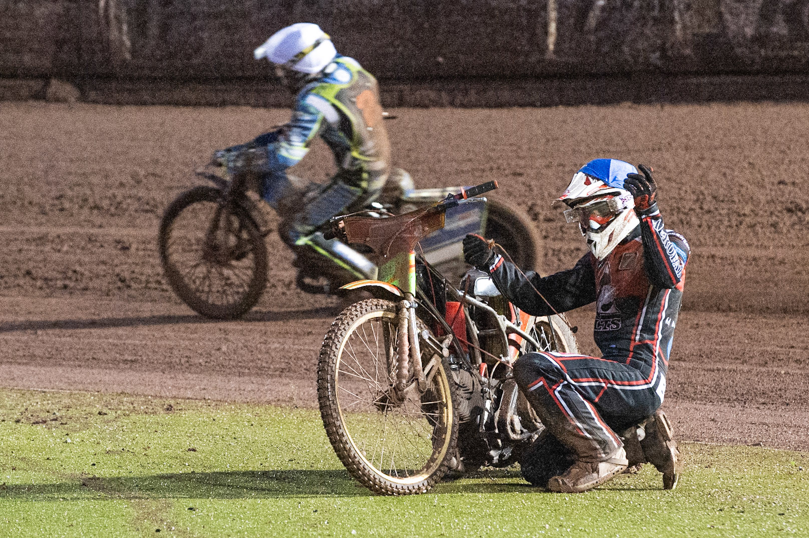 Photo: Ian Charles

Ben Woodhull  displays his frustration after breaking down

Belle Vue Colts v Mildenhall Fen Tigers, National League, Belle Vue National Speedway Stadium, Manchester, Monday 2  September  2019