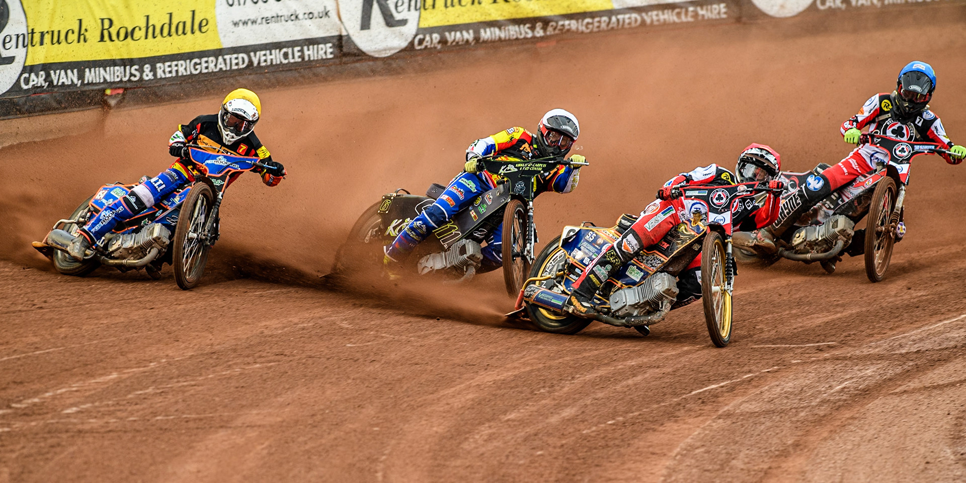 Belle Vue Aces' Connor Mountain in Red leading Leicester Lions' Craig Cook in White, Leicester Lions' Guest rider Luke Killeen in Yellow and Belle Vue Aces' Connor Bailey in Blue during the Rowe Motor Oil Premiership match between Belle Vue Aces and Leicester Lions at the National Speedway Stadium, Manchester on Monday 24th June 2024. (Photo: Ian Charles | MI News)