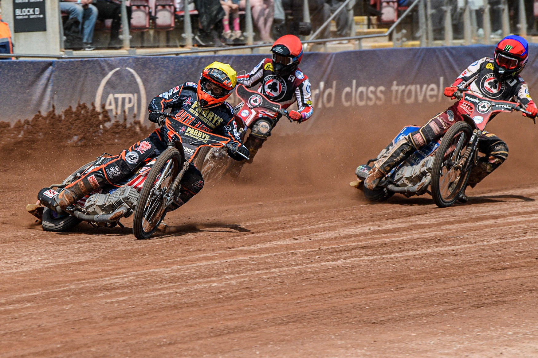 Luke Becker (Yellow) leads Dan Bewley (Blue) and Brady Kurtz (Red) during the Sports Insure Premiership match between Belle Vue Aces and Wolverhampton Wolves at the National Speedway Stadium, Manchester on Monday 29th May 2023. (Photo: Ian Charles | MI News)