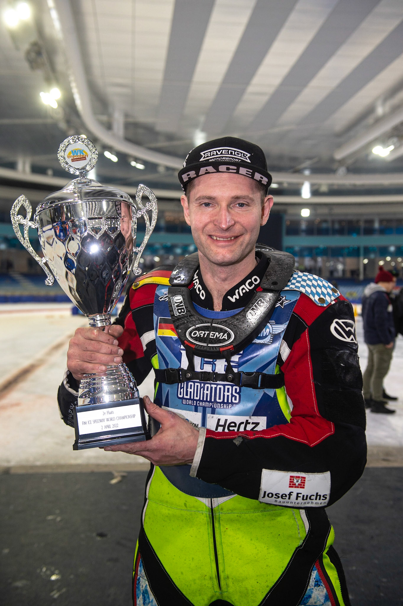 HEERENVEEN, NL. Johann Weber (33)  with the second place trophy during the FIM Ice Speedway Gladiators World Championship Final 3 at Ice Rink Thialf, Heerenveen on Saturday  2 April 2022. (Credit: Ian Charles | MI News)