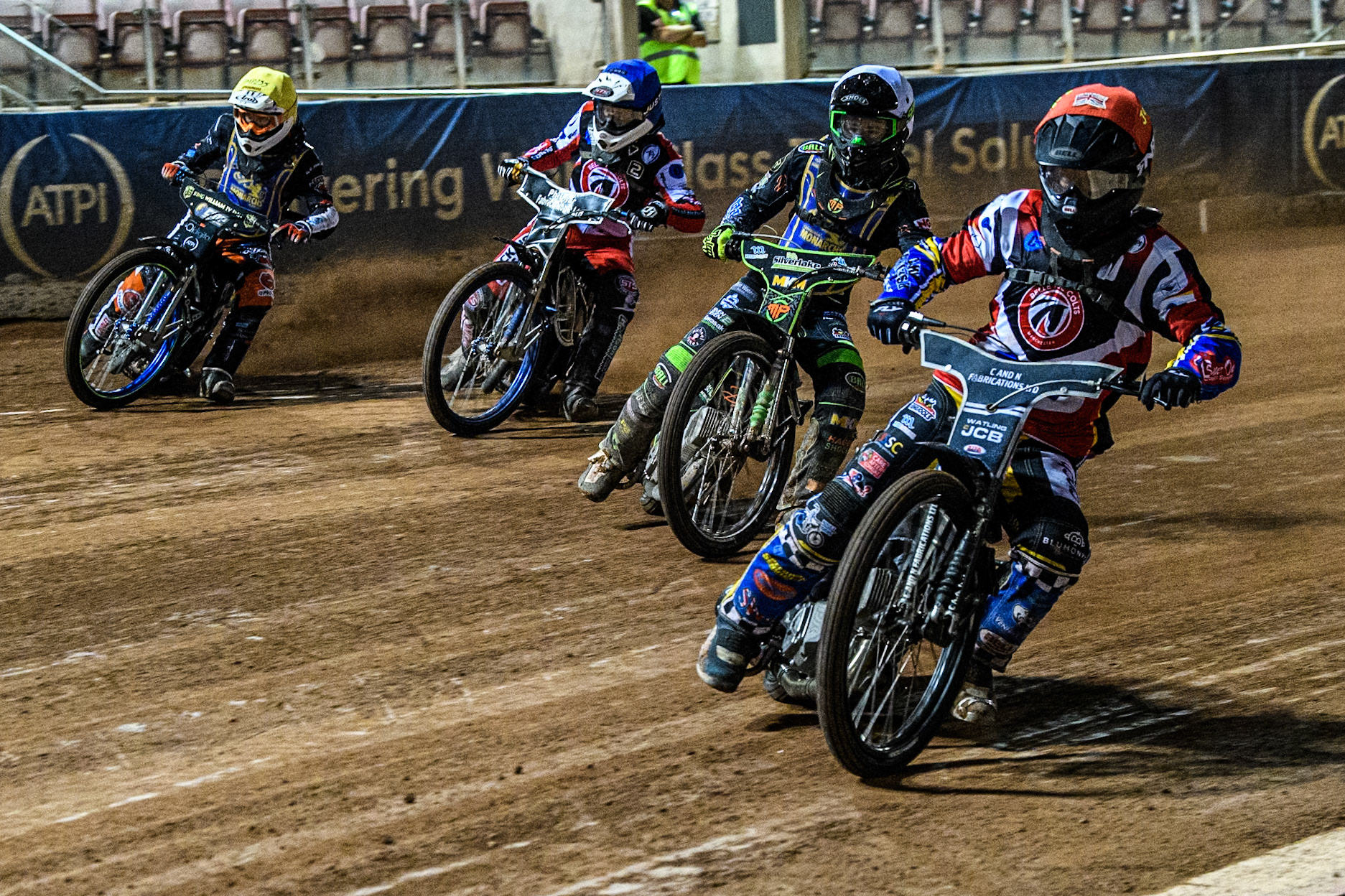 Belle Vue Colts' Guest Rider Joe Thompson in Red leading Edinburgh Monarchs' Max Perry in White, Belle Vue Colts'Guest Rider Jack Shimelt in Blue and Edinburgh Monarchs' Mark Parker in Yellow during the WSRA National Development League match between Belle Vue Aces and Edinburgh Monarchs at the National Speedway Stadium, Manchester on Friday 30th August 2024. (Photo: Ian Charles | MI News)