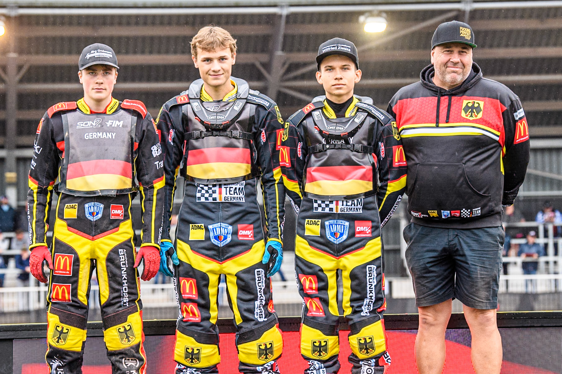 GERMANY: (L to R) Norick Blödorn, Jonny Wynant, Patrick Hyjek and German Team manager, Sascha Dörner during the Monster Energy FIM Speedway of Nations 2 (Under 21) Final at the National Speedway Stadium, Manchester on Friday 12th July 2024. (Photo: Ian Charles | MI News)