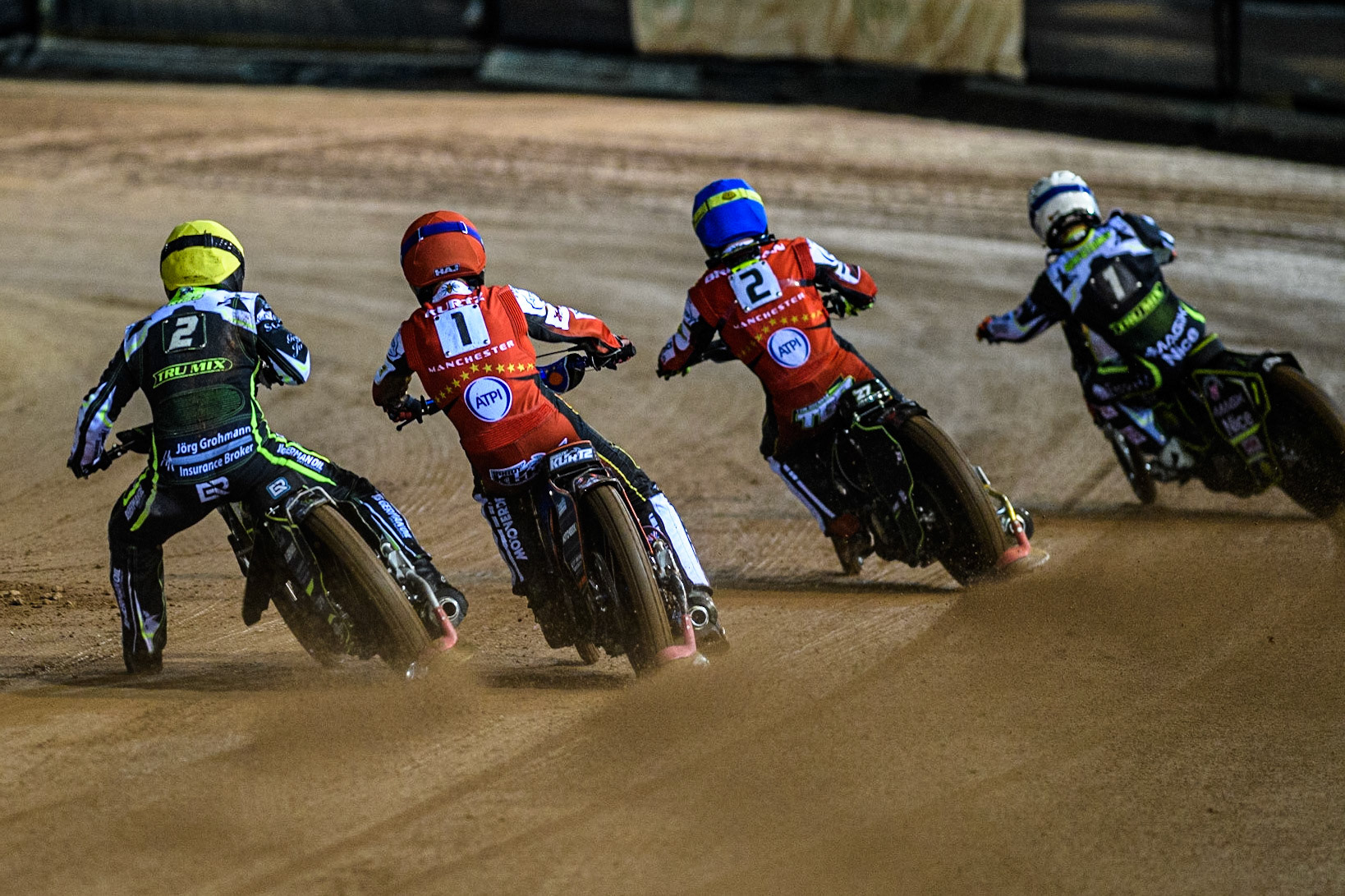 (L to R) Erik Riss (Yellow), Brady Kurtz (Red),Tom Brennan (Blue) and Emil Sayfutdinov  (White) during the Sports Insure Premiership Semi Final Playoff 2nd leg match between Belle Vue Aces and Ipswich Witches at the National Speedway Stadium, Manchester on Monday 25th September 2023. (Photo: Ian Charles | MI News)