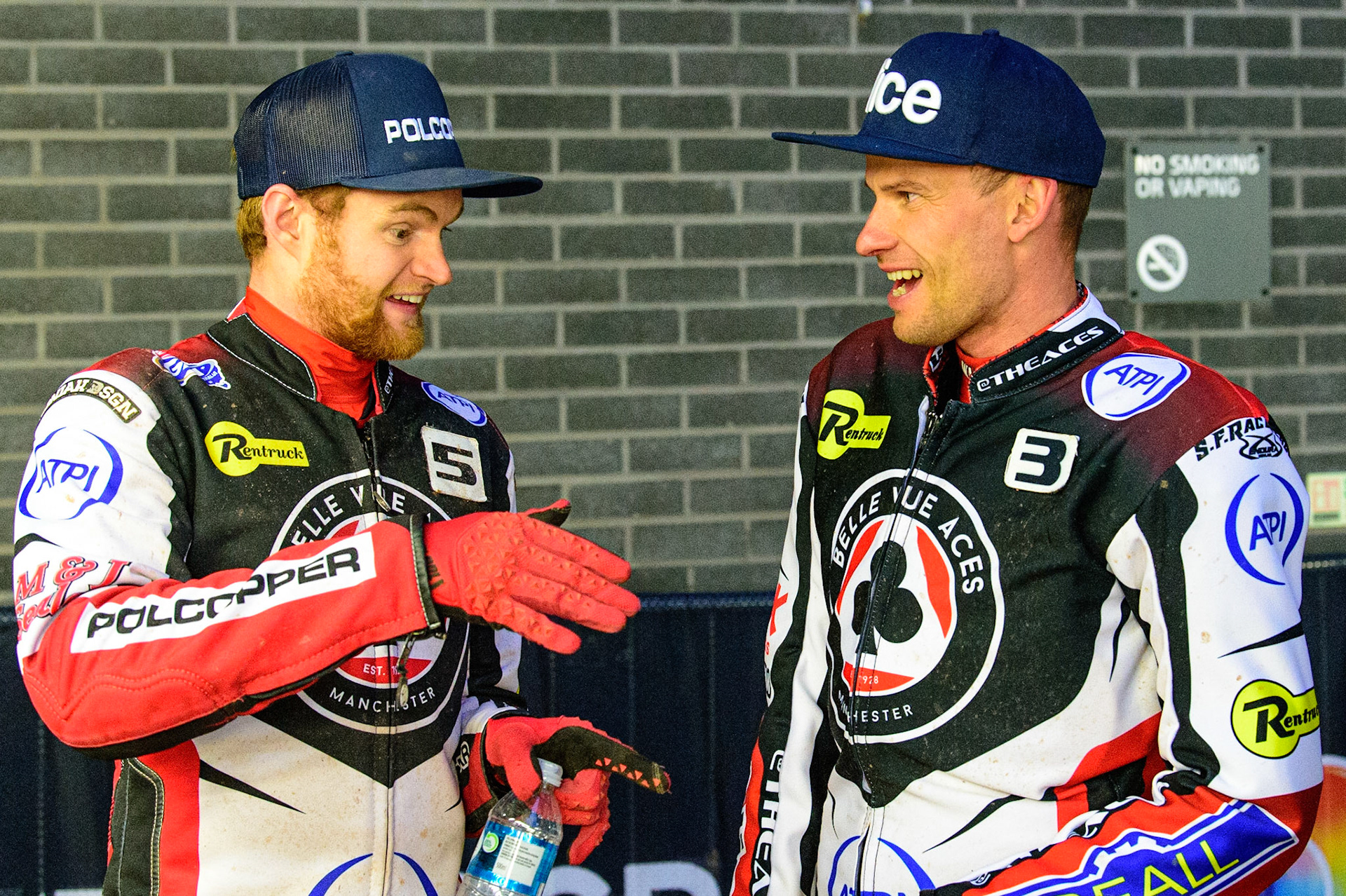 MANCHESTER, UK. JUN 6TH Brady Kurtz  (left) and Matej Žagar  discuss the final heat  during the SGB Premiership match between Belle Vue Aces and Ipswich Witches at the National Speedway Stadium, Manchester on Monday 6th June 2022. (Credit: Ian Charles | MI News)