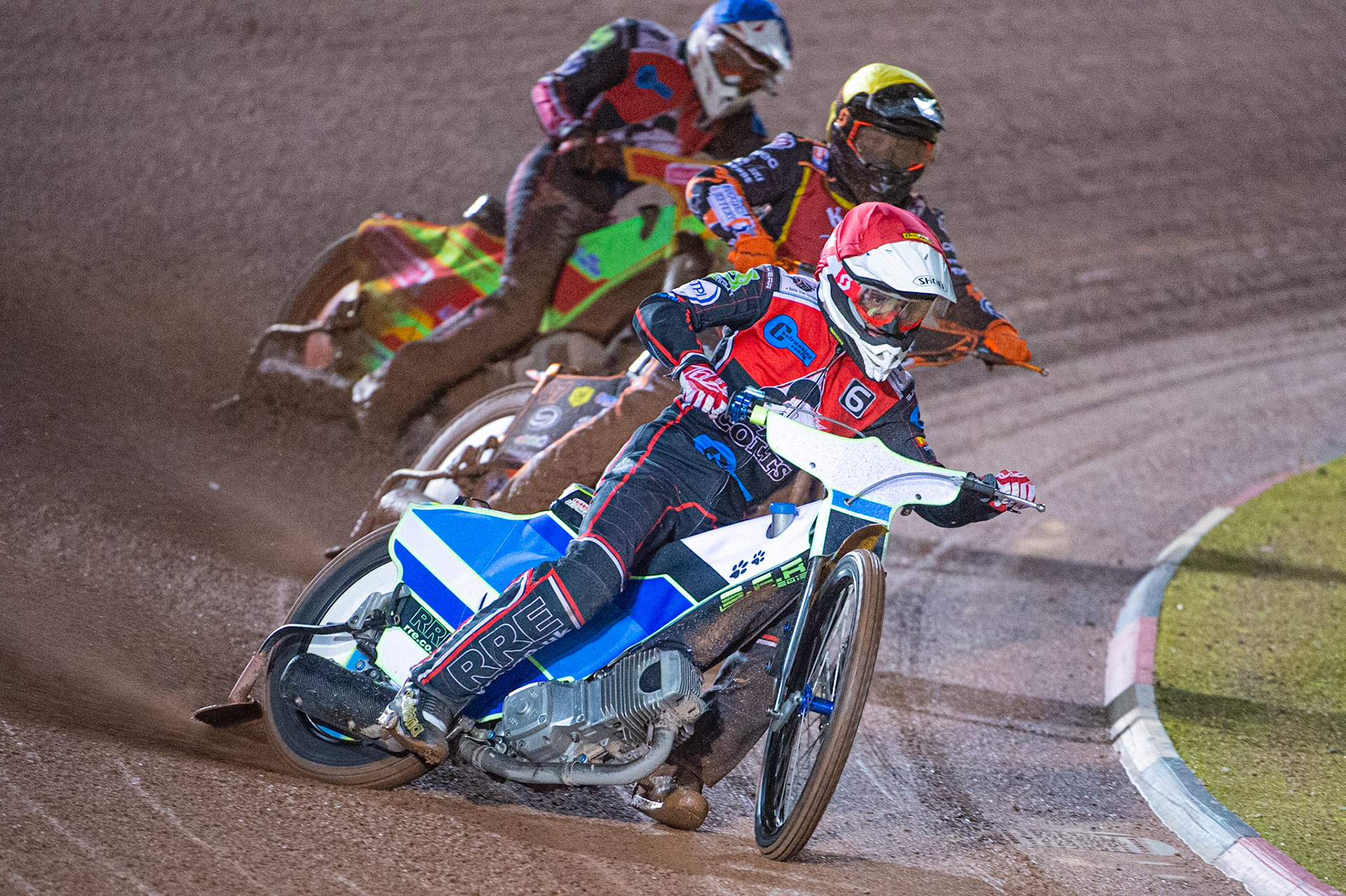 Photo: Ian Charles

Ben Rathbone  (Red) leads Alex Spooner (Yellow) and Ben Woodhull   (Blue)

Belle Vue Colts v Kent Kings, SGB National League Play Offs, Semi Final 1st Leg, Belle Vue National Speedway Stadium, Manchester, Friday 4  October  2019