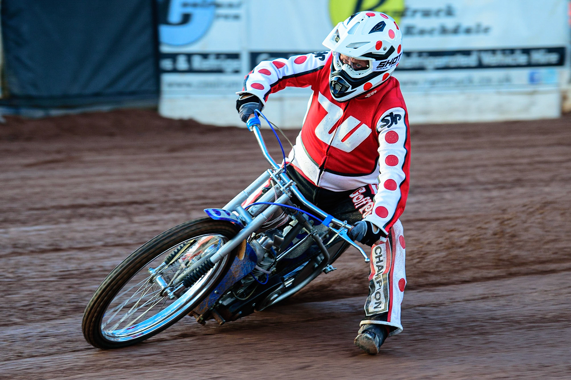 Geoff Pusey doing some demonstration laps on the restored Weslake Speedway bike, originally ridden by his late brother Chris, during the National Development League match between Belle Vue Aces and Leicester Lions at the National Speedway Stadium, Manchester on Friday 19th August 2022. (Credit: Ian Charles | MI News)