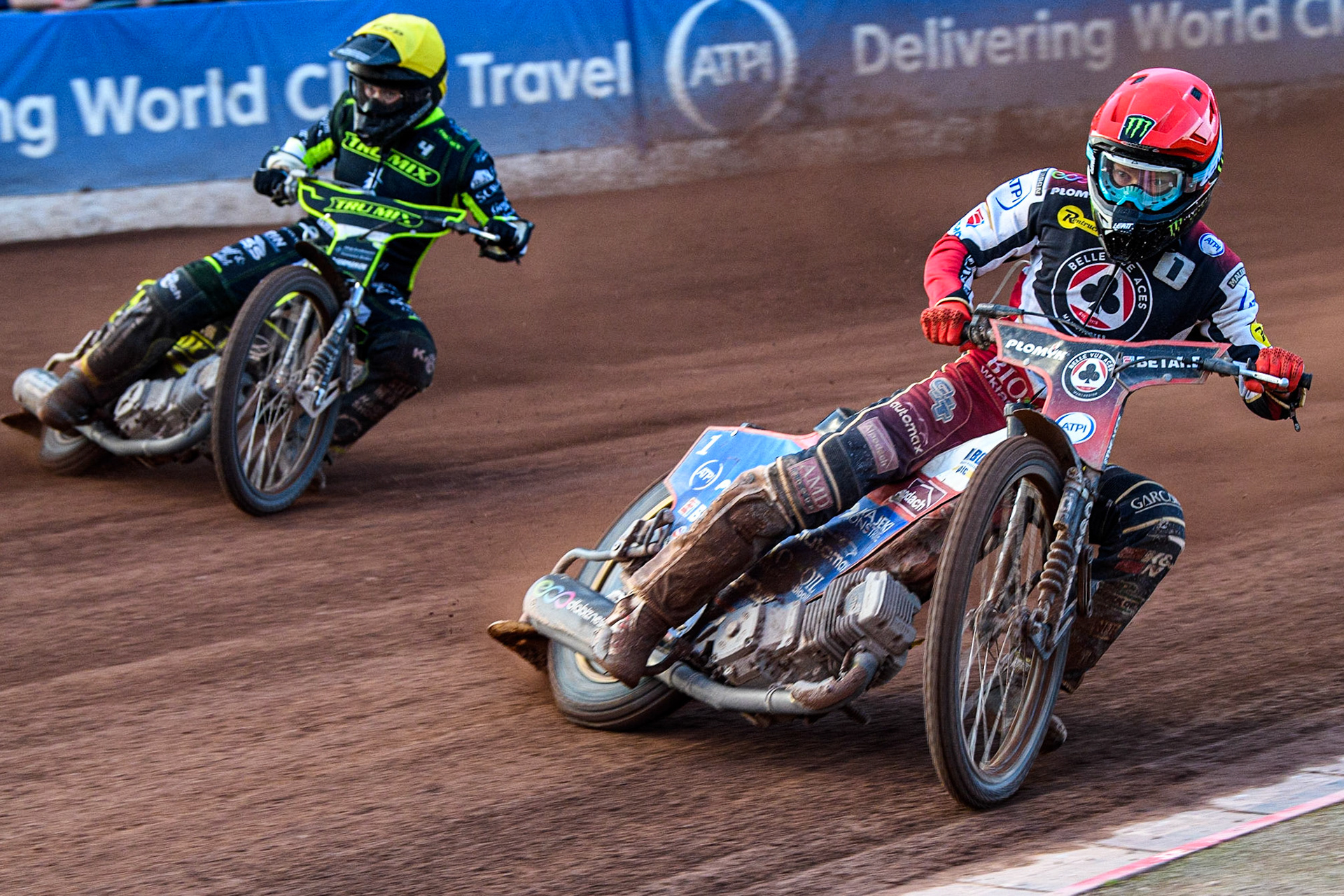 Dan Bewley (Red) inside Erik Riss (Yellow) during the Sports Insure Premiership match between Belle Vue Aces and Ipswich Witches at the National Speedway Stadium, Manchester on Monday 17th July 2023. (Photo: Ian Charles | MI News)