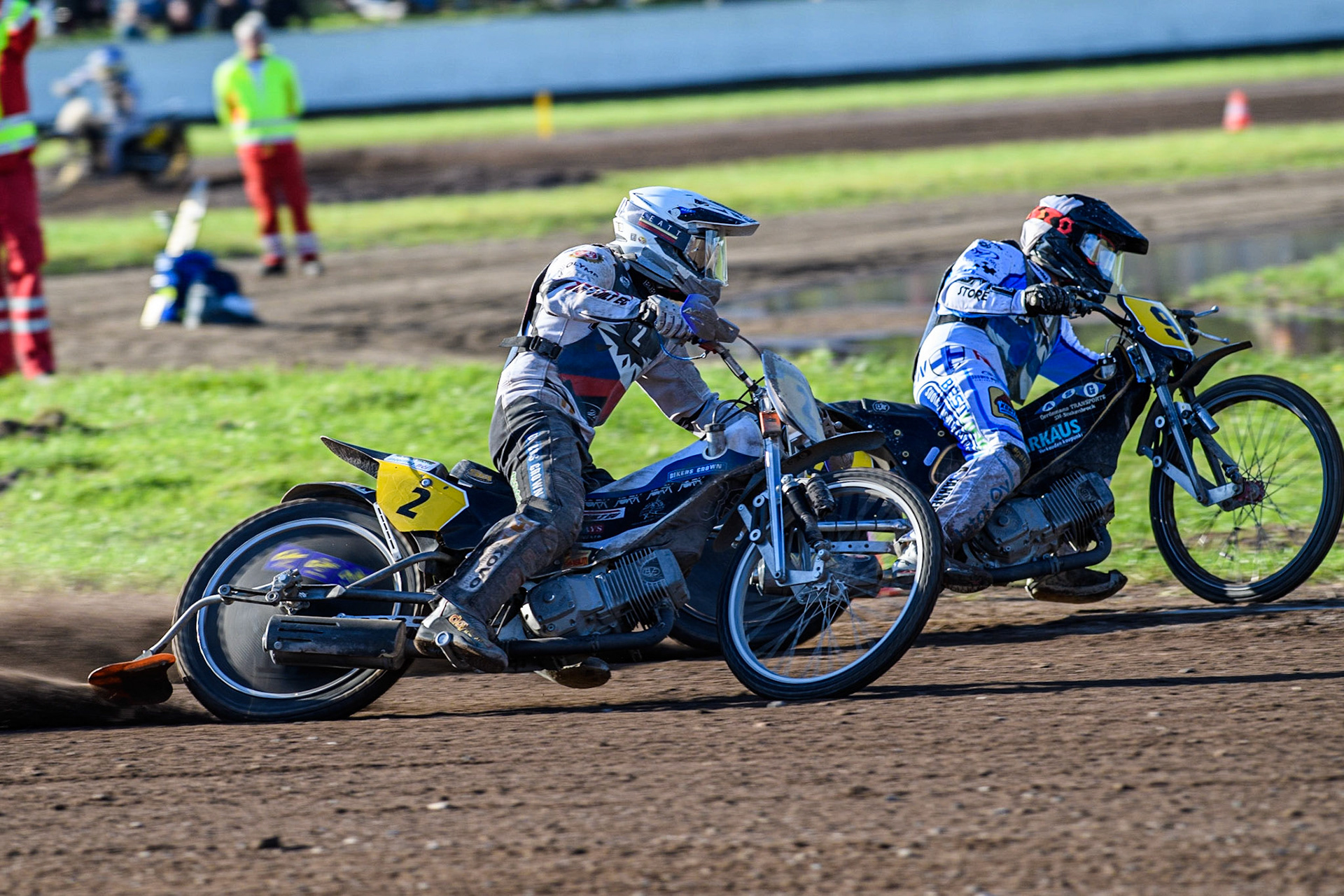 Hynek Stichauer (White) outside Jesse Mustonen (Black &amp; White) during the FIM Long Track Of Nations event at the Speed Centre Roden on Sunday 24th September 2023. (Photo: Ian Charles | MI News)
