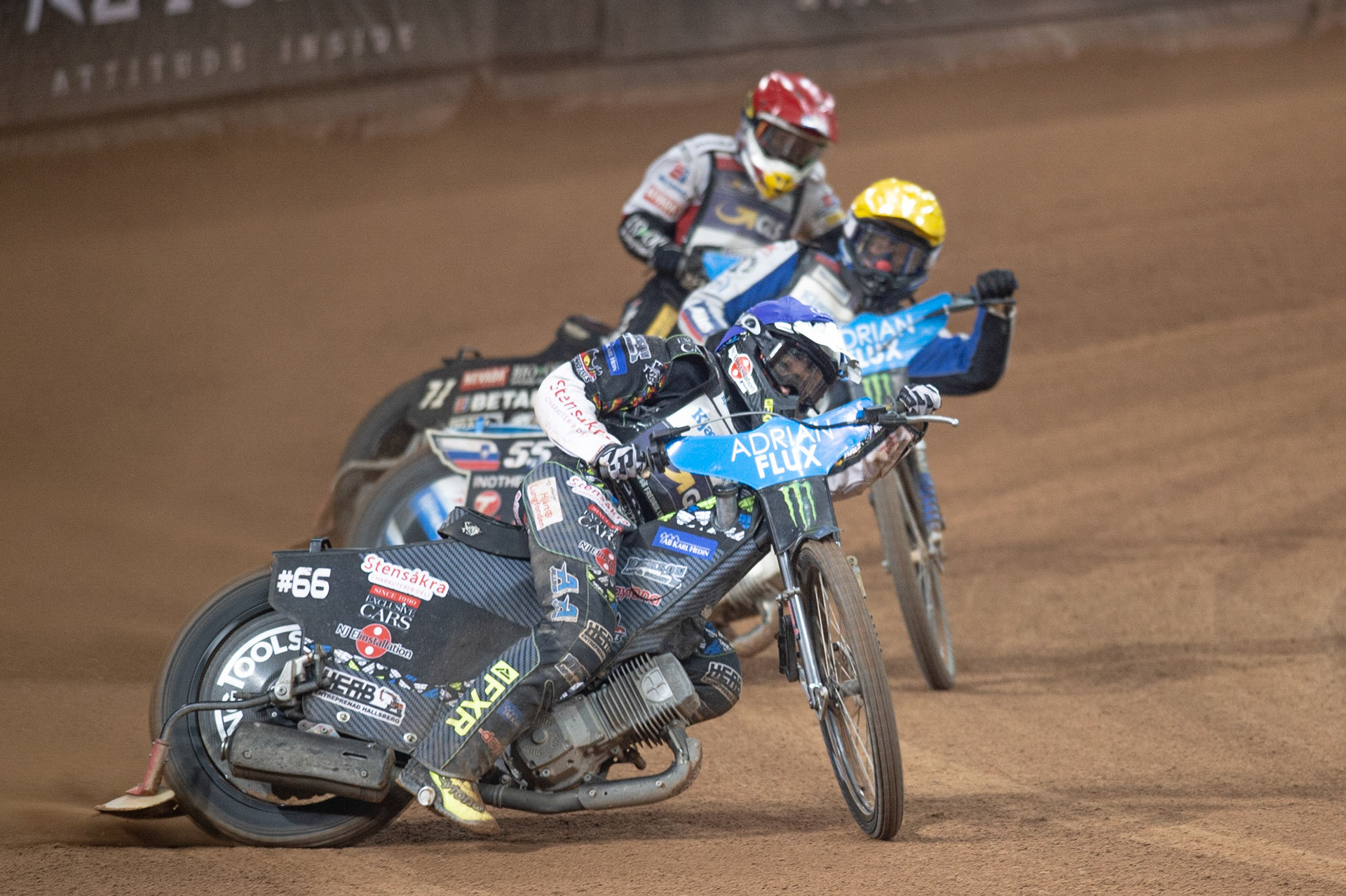 CARDIFF,WALES Fredrik Lindgren (Blue) leads Matej Zagar (Yellow) and Maciej Janowski (Red) during the ADRIAN FLUX BRITISH FIM SPEEDWAY GRAND PRIX at the Principality Stadium, Cardiff on Saturday 21st September 2019. (Credit: Ian Charles | MI News)
