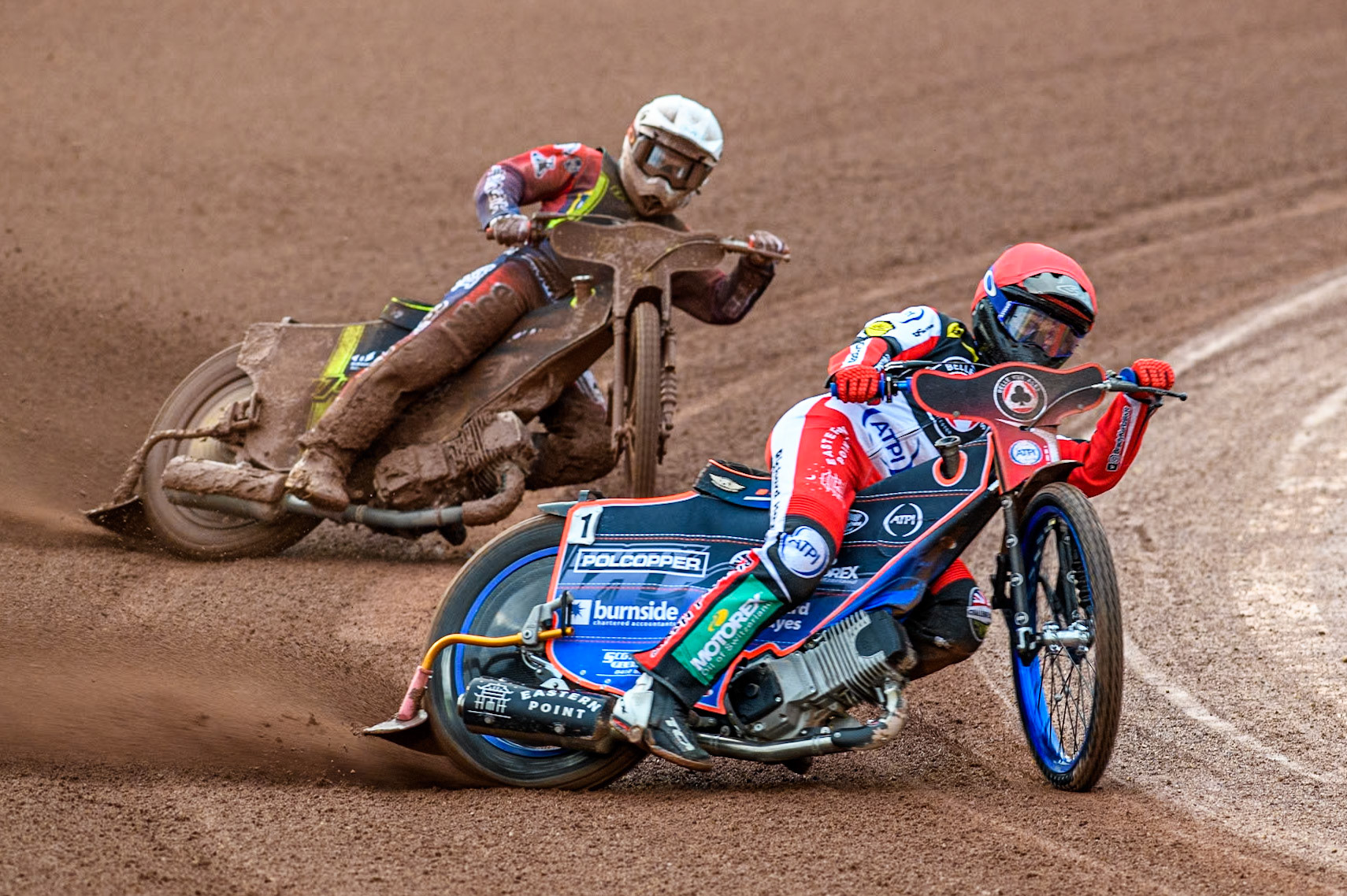 Belle Vue Aces' Brady Kurtz in Red leading Ipswich Witches' Emil Sayfutdinov in White during the Rowe Motor Oil Premiership match between Belle Vue Aces and Ipswich Witches at the National Speedway Stadium, Manchester on Monday 22nd April 2024. (Photo: Ian Charles | MI News)