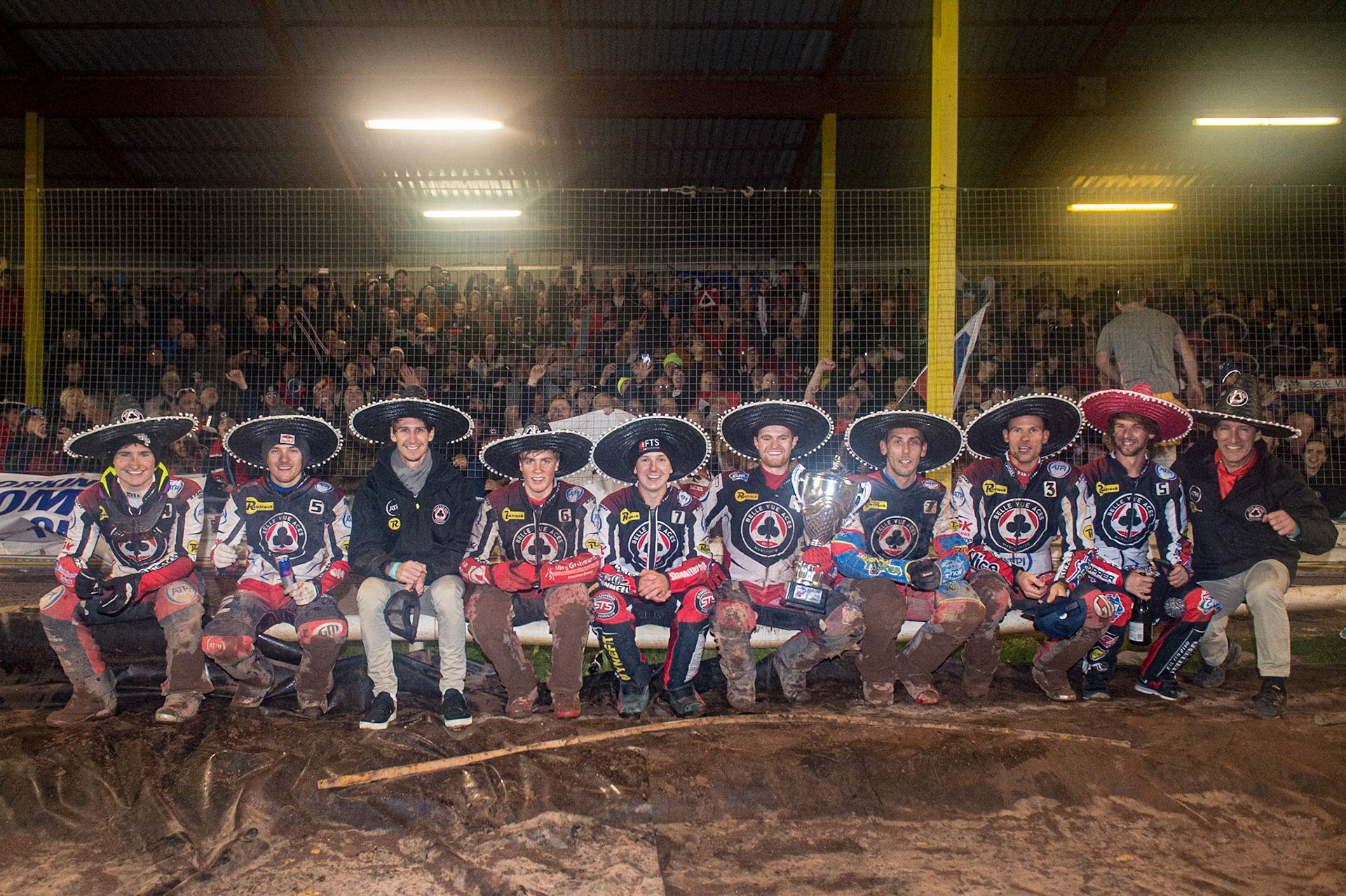 The Belle Vue ATPI Aces - Premiership Champions 2022 celebrate with their fans during the SGB Premiership Grand Final 2nd Leg between Sheffield Tigers and Belle Vue Aces at Owlerton Stadium, Sheffield on Thursday 13th October 2022. (Credit: Ian Charles | MI News)