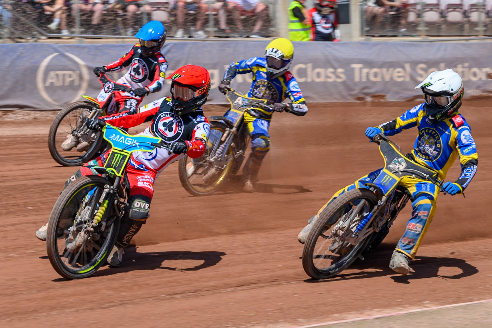 Jaimon Lidsey, Guest Rider for Belle Vue Aces in Red leading Jack Holder of Sheffield Tigers in White, Anders Rowe of Sheffield Tigers in Yellow and Tate Zischke of Belle Vue Aces in Blue during the Rowe Motor Oil Premiership match between Belle Vue Aces and Sheffield Tigers at the National Speedway Stadium, Manchester on Monday 25th May 2026. (Photo: Ian Charles | MI News)