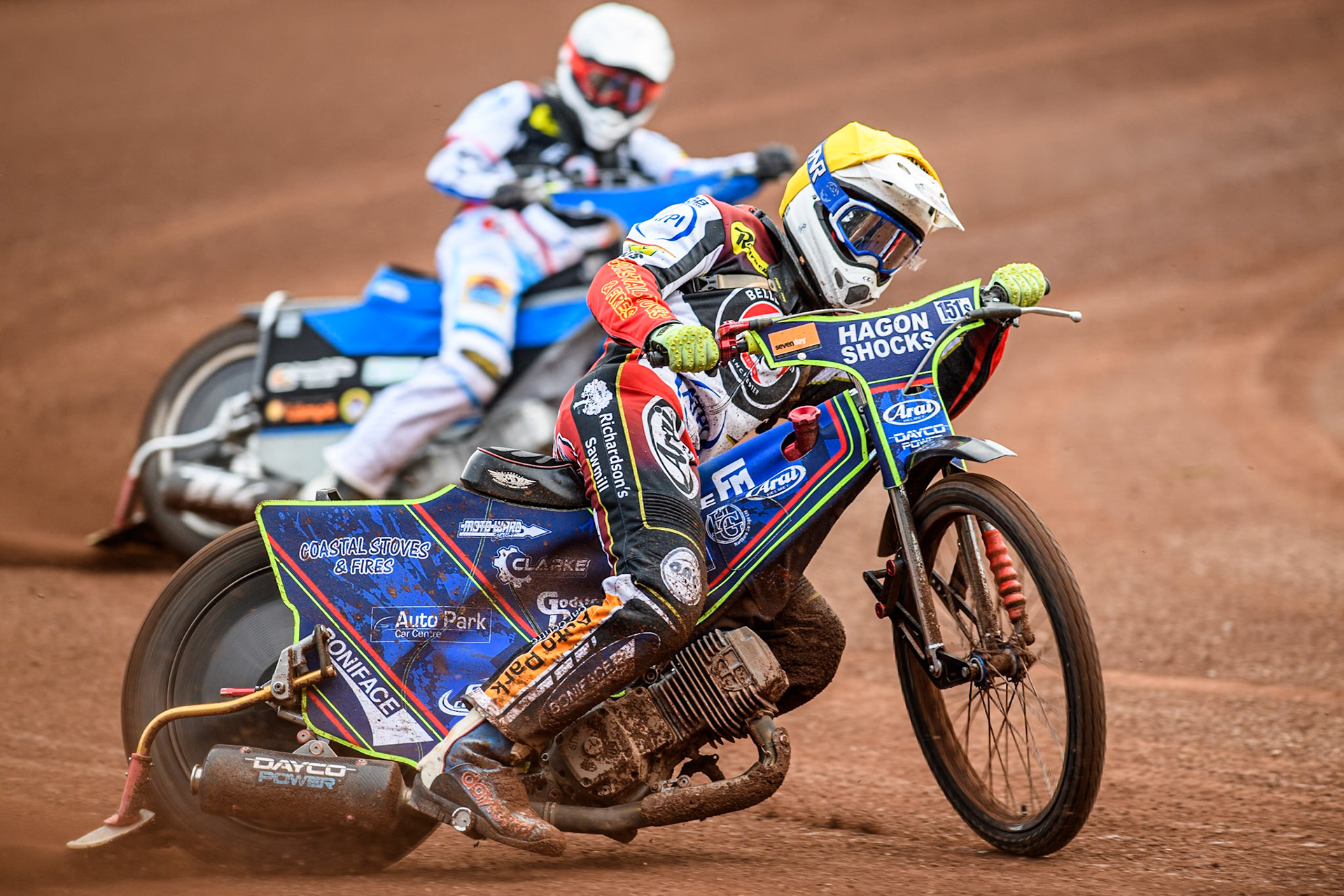 Belle Vue Aces' Jake Mulford in Yellow leading team mate  Antti Vuolas in White during the Rowe Motor Oil Premiership match between Leicester Lions and Belle Vue Aces at the Pidcock Motorcycles Arena, Leicester on Thursday 25th July 2024. (Photo: Ian Charles | MI News)