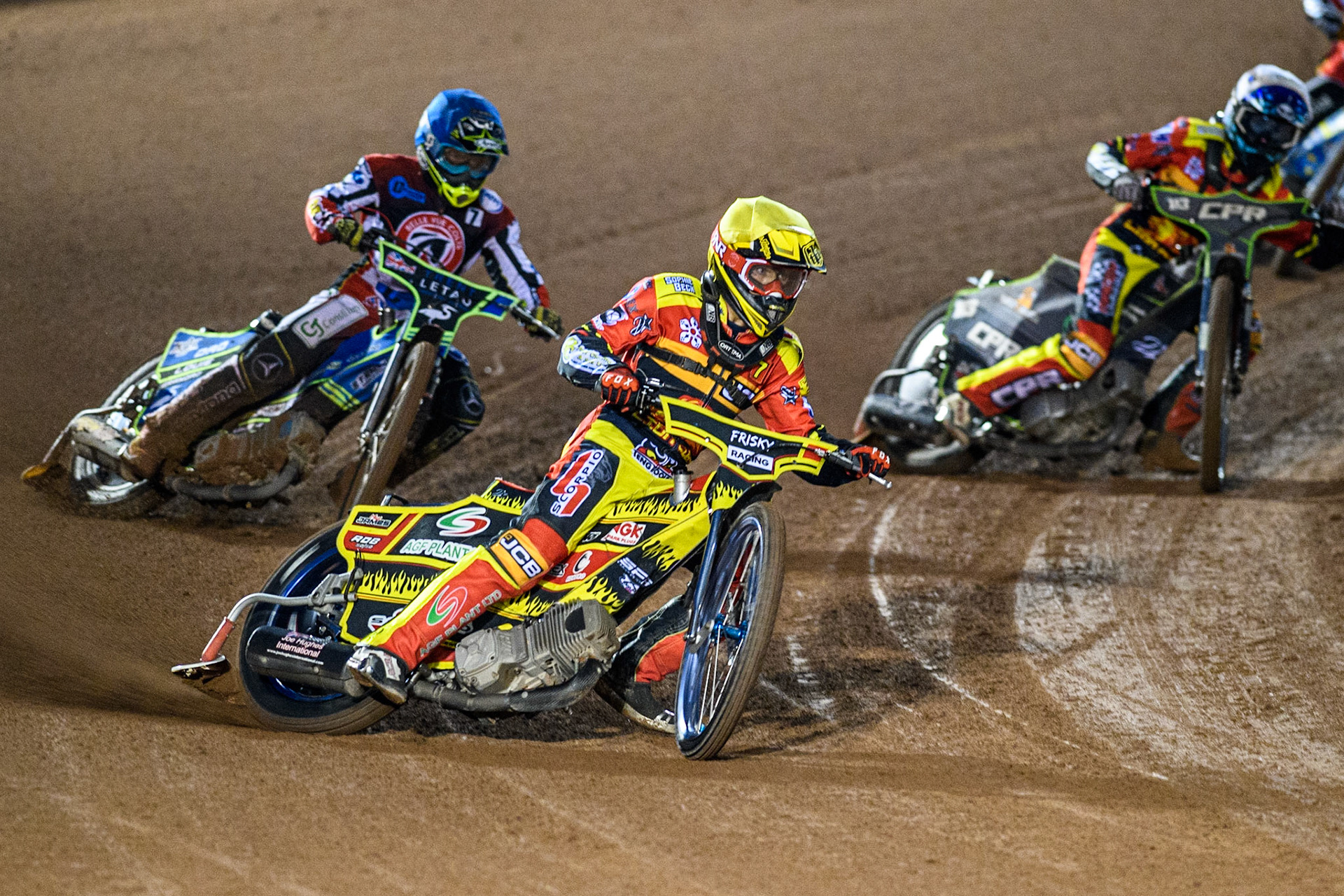 Max James (Yellow) leads  Luke Muff (Blue) and Vinnie Foord (White) during the National Development League match between Belle Vue Colts and Leicester Lion Cubs at the National Speedway Stadium, Manchester on Friday 8th September 2023. (Photo: Ian Charles | MI News)
