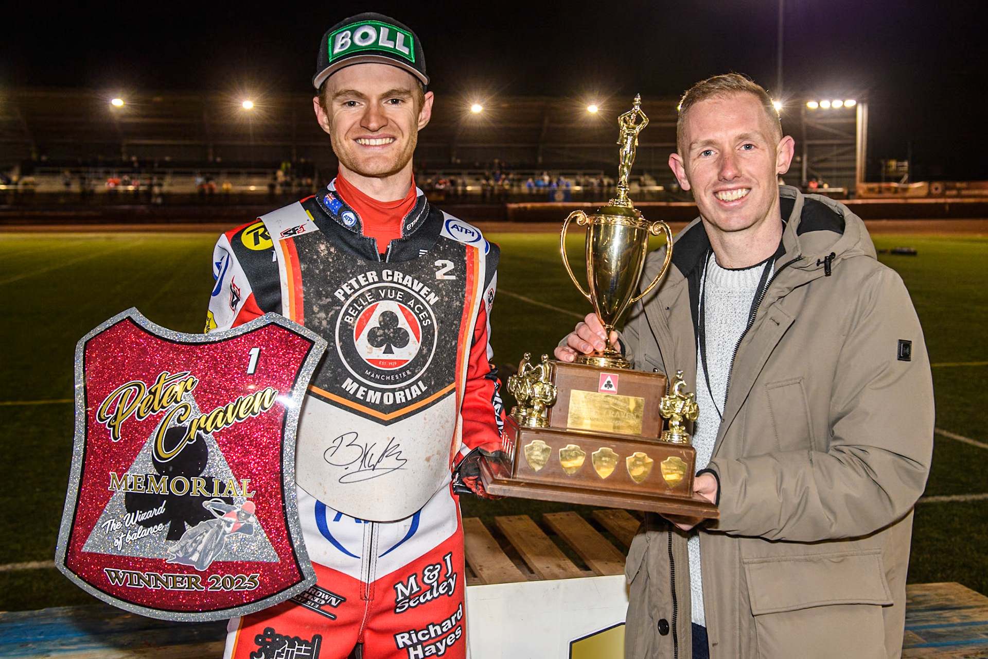 Brady Kurtz with Peter McMahon, Peter Craven’s Grandson during the Peter Craven Memorial Trophy at the National Speedway Stadium, Manchester on Monday 17th March 2025. (Photo: Ian Charles | MI News)