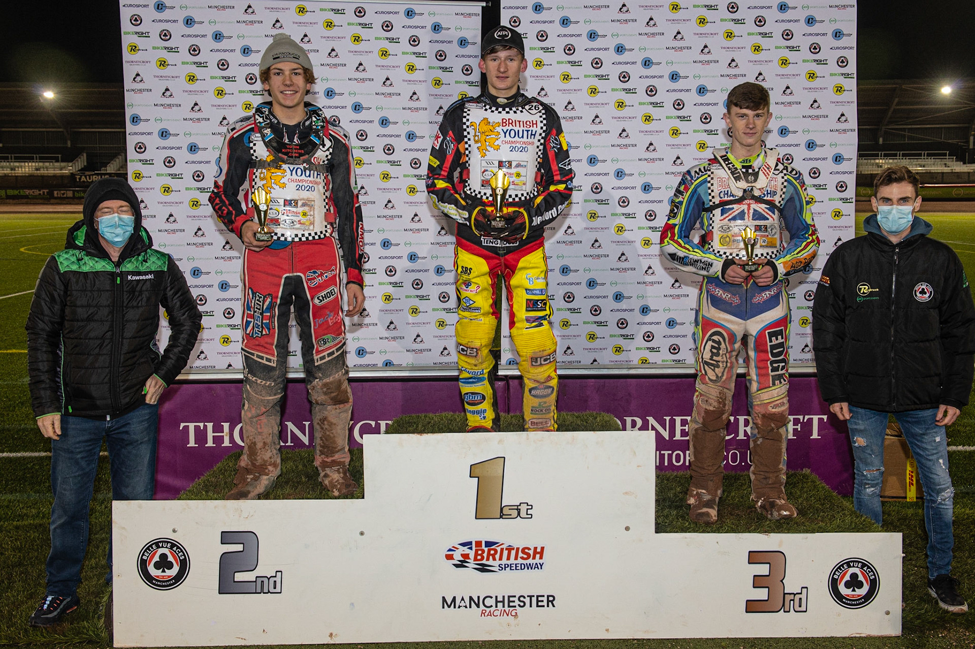 Photo: Ian Charles500 cc A Class Final:(l-r) Jason Crump, Harry McGurk (2nd), Dan Thompson (1st), Jake Mulford (3rd) Steve Worrall British Youth Speedway Championship (Round 5), National Speedway Stadium, Manchester Saturday  10  October  2020