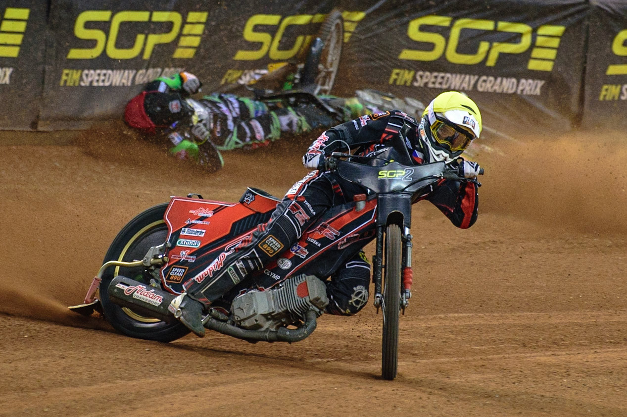Jan Kvech (Czech Republic)  (White) brings down Benjamin Basso (Denmark)  (Red) during the FIM  Speedway Grand Prix  2 of Great Britain at the Principality Stadium, Cardiff on Sunday 14th August 2022. (Credit: Ian Charles | MI News)