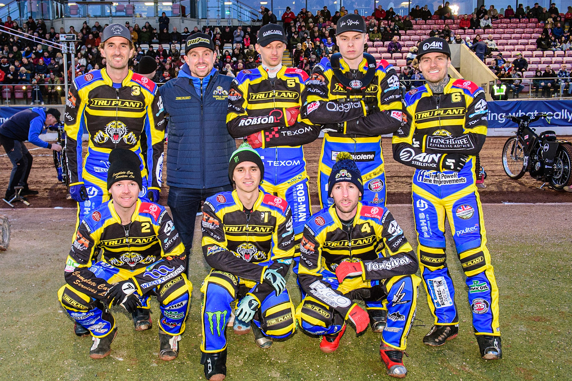 Sheffield ‘TruPlant’ Tigers: Rear - (l - r) Adam Ellis , Simon Stead , Tobiasz Musielak, Dan Gilkes , Lewis Kerr. Kneeling: Kyle Howarth , Jack Holder , David Bellego  during the SGB Premiership match between Belle Vue Aces and Sheffield Tigers at the National Speedway Stadium, Manchester on Monday 27th March 2023. (Photo: Ian Charles | MI News)