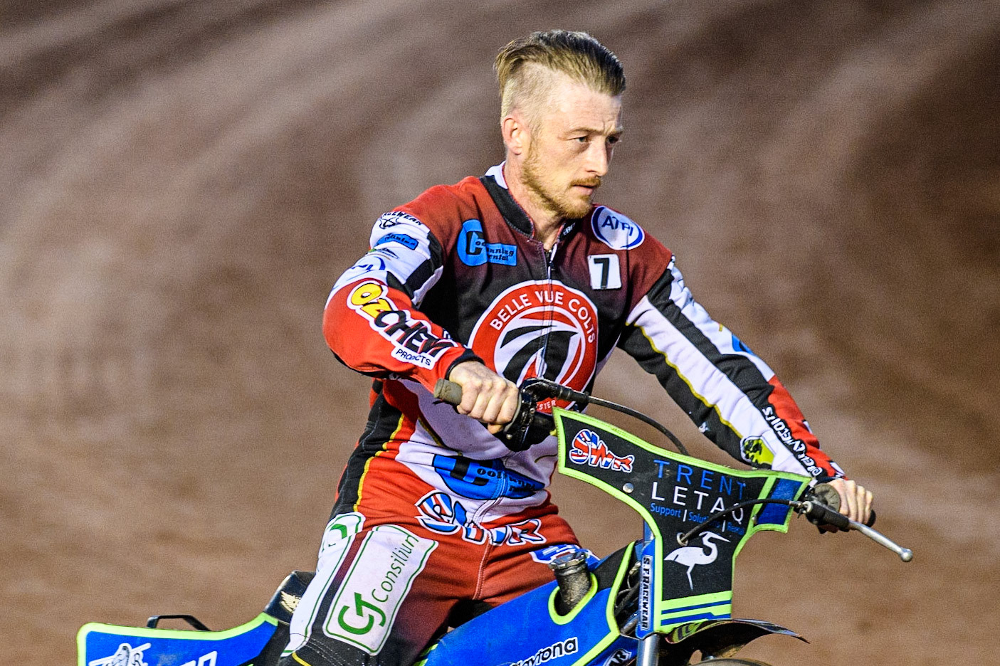 Luke Muff on the parade lap during the National Development League match between Belle Vue Colts and Leicester Lion Cubs at the National Speedway Stadium, Manchester on Friday 8th September 2023. (Photo: Ian Charles | MI News)